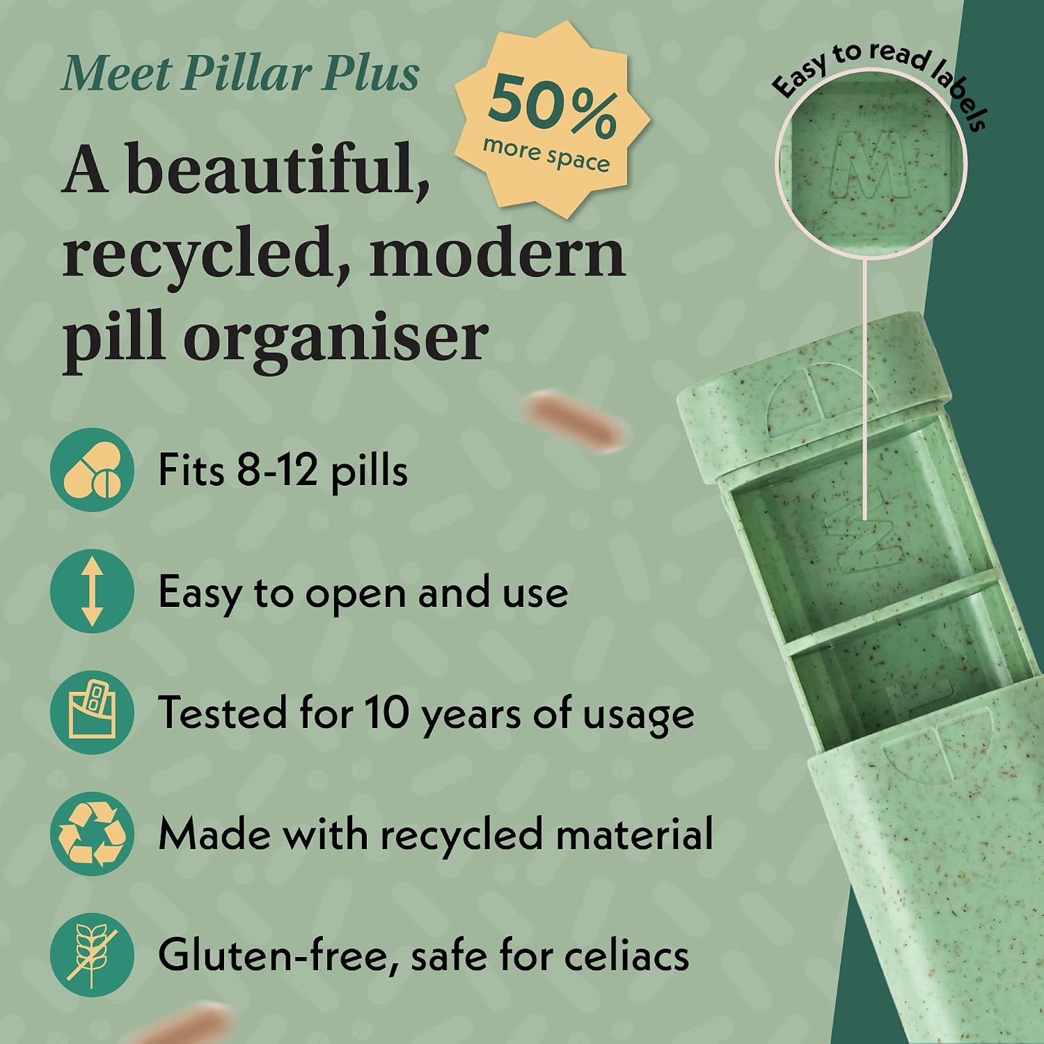 Detalle de Pillar Plus 7 Day XL Pill Organiser – Sage Green