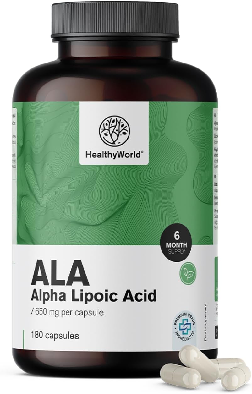 Detalle de HealthyWorld ALA 650 mg alfa-liponzuur, 180 plantaardige capsules