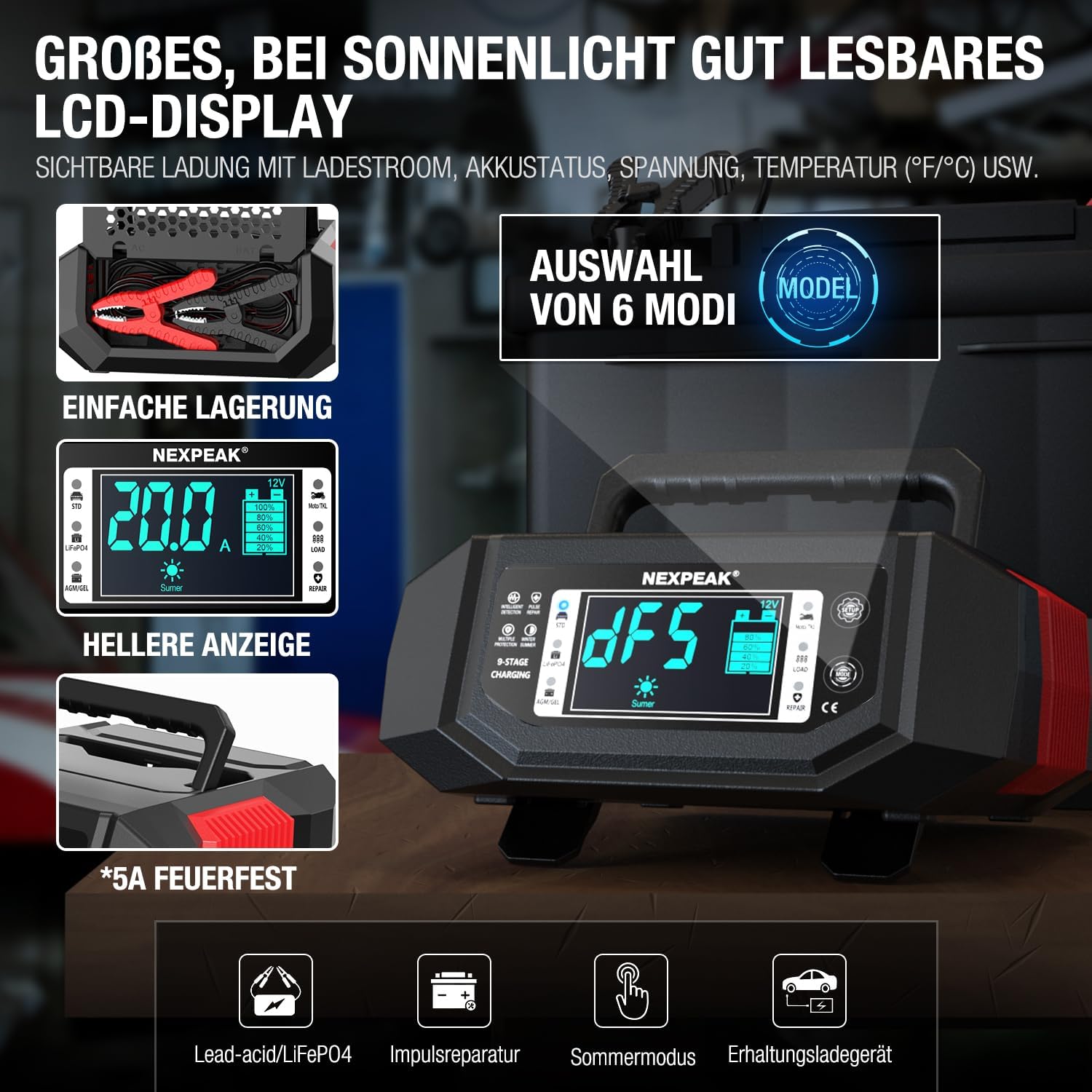 Thumbnail 4 de NEXPEAK 1-20A Autobatterie-Ladegerät (Erhaltungslader) für 12/24V LiFePO4 & Blei-Säure