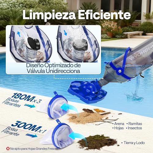 Detalle de VIVOHOME limpiafondos de piscina inalámbrico 70 LPM con pértiga telescópica 213 cm