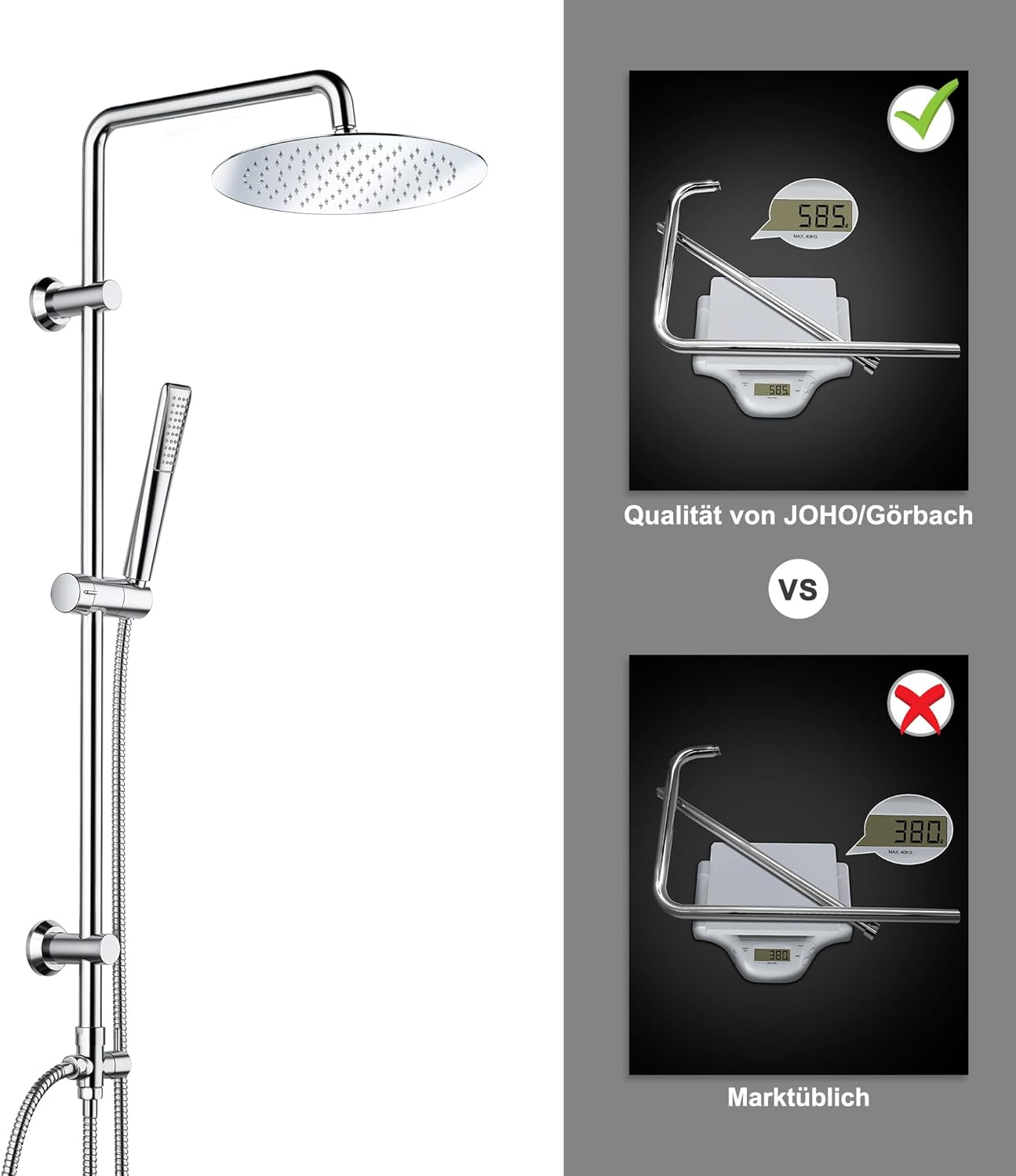 Thumbnail 3 de Colonna doccia Görbach in acciaio inox – senza miscelatore, asta 92 cm, soffione pioggia 20 cm