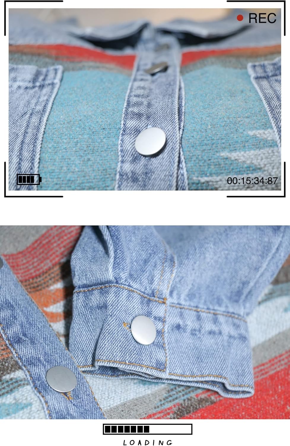 Detalle de Lumister Women’s Aztec Denim Jacket (Distressed Lapel, Long Sleeve Button-Down Shacket)