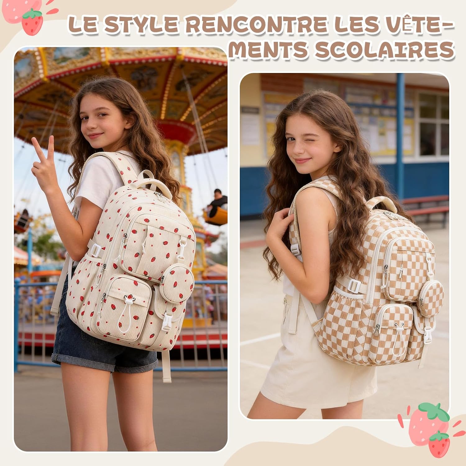 Detalle de Sisipoet Sac à Dos Fille Velours Côtelé Fraise – Cartable Léger pour École et Voyage