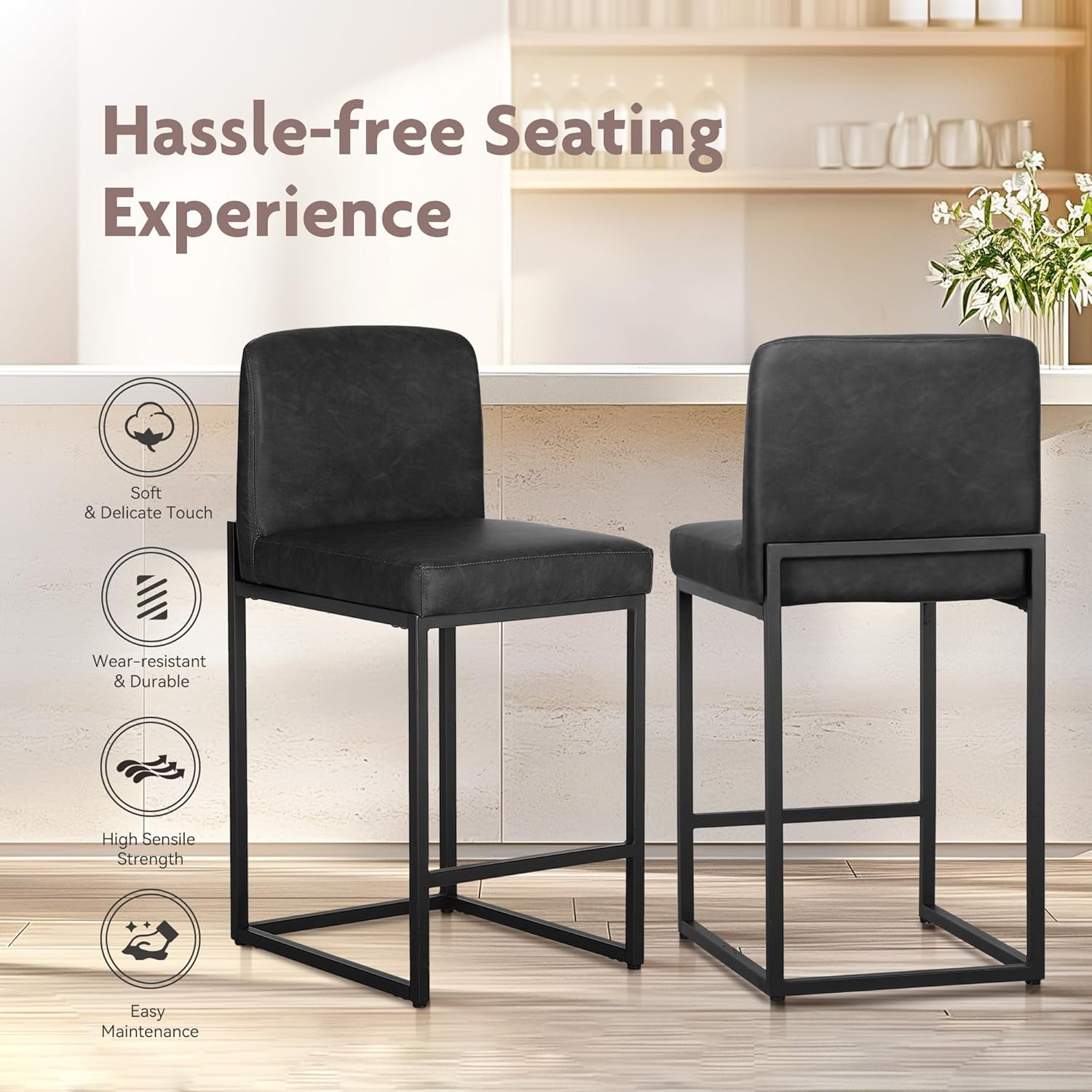 Detalle de ALPHA HOME 24" Bar Stools Set of 2 with Backs, PU Leather Kitchen Stools and Footrest (Black)