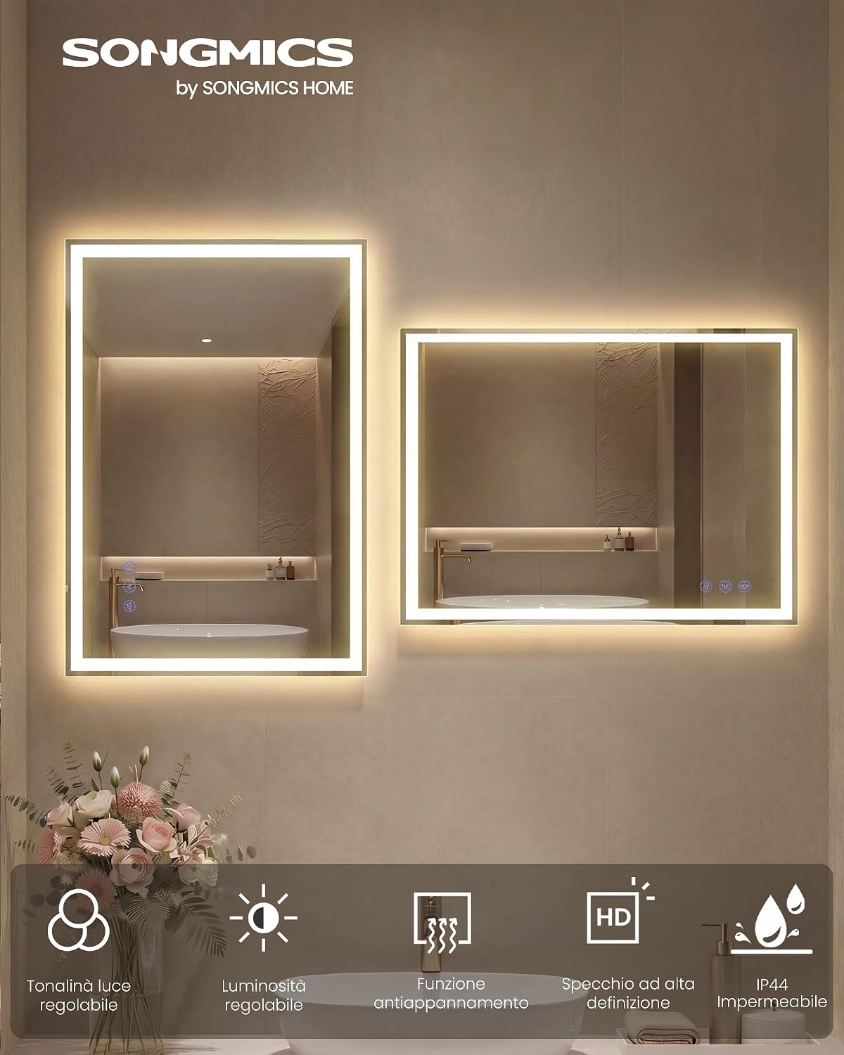 Detalle 2 de SONGMICS Specchio Bagno con Luce LWM212WC02 – Specchio da Parete Rettangolare con Antiappannamento e Luce Regolabile