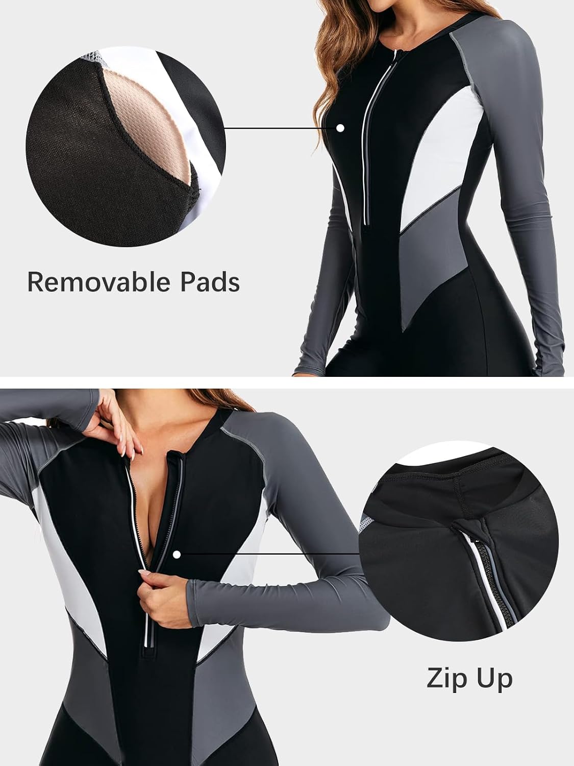 Detalle 2 de ECUPPER Women’s long-sleeve zip-up rash guard swimsuit with built-in bra (one-piece boyleg)