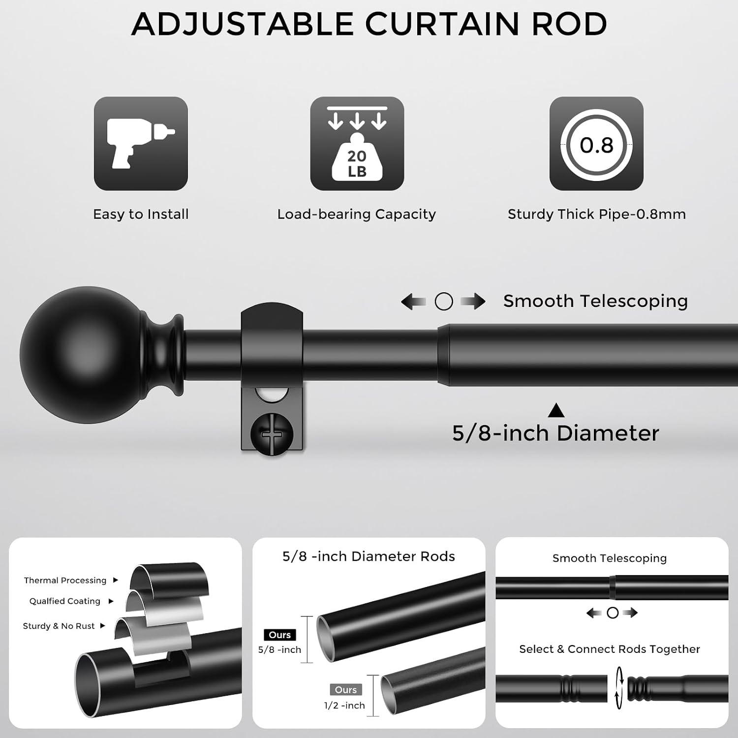Detalle 1 de JRZOO d2c189e9-07b7-49dd-974d-e4a8b03cf249 Adjustable Curtain Rod, 18–45 Inches