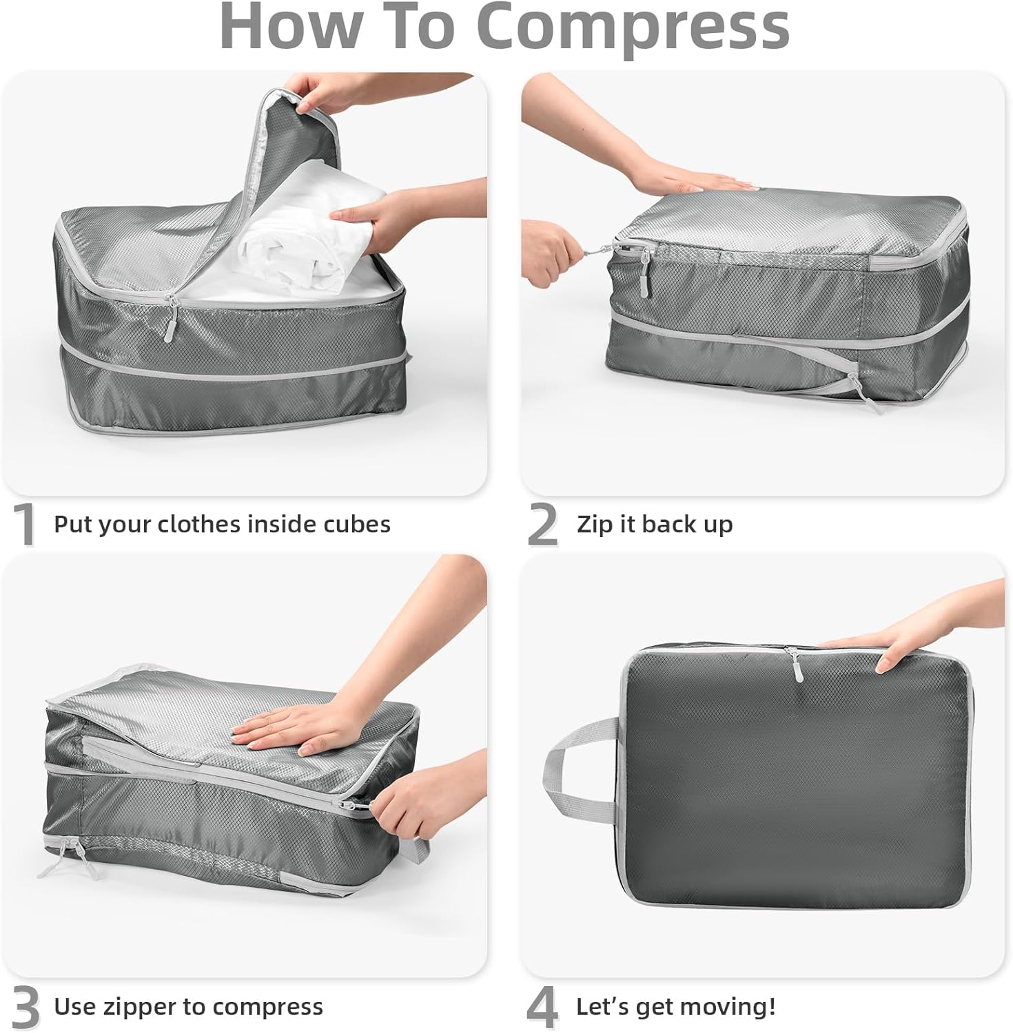 Thumbnail 2 de Compression Packing Cubes, Travel Storage Bag & Suitcase Organizer Bags (Grey) – Set of 7