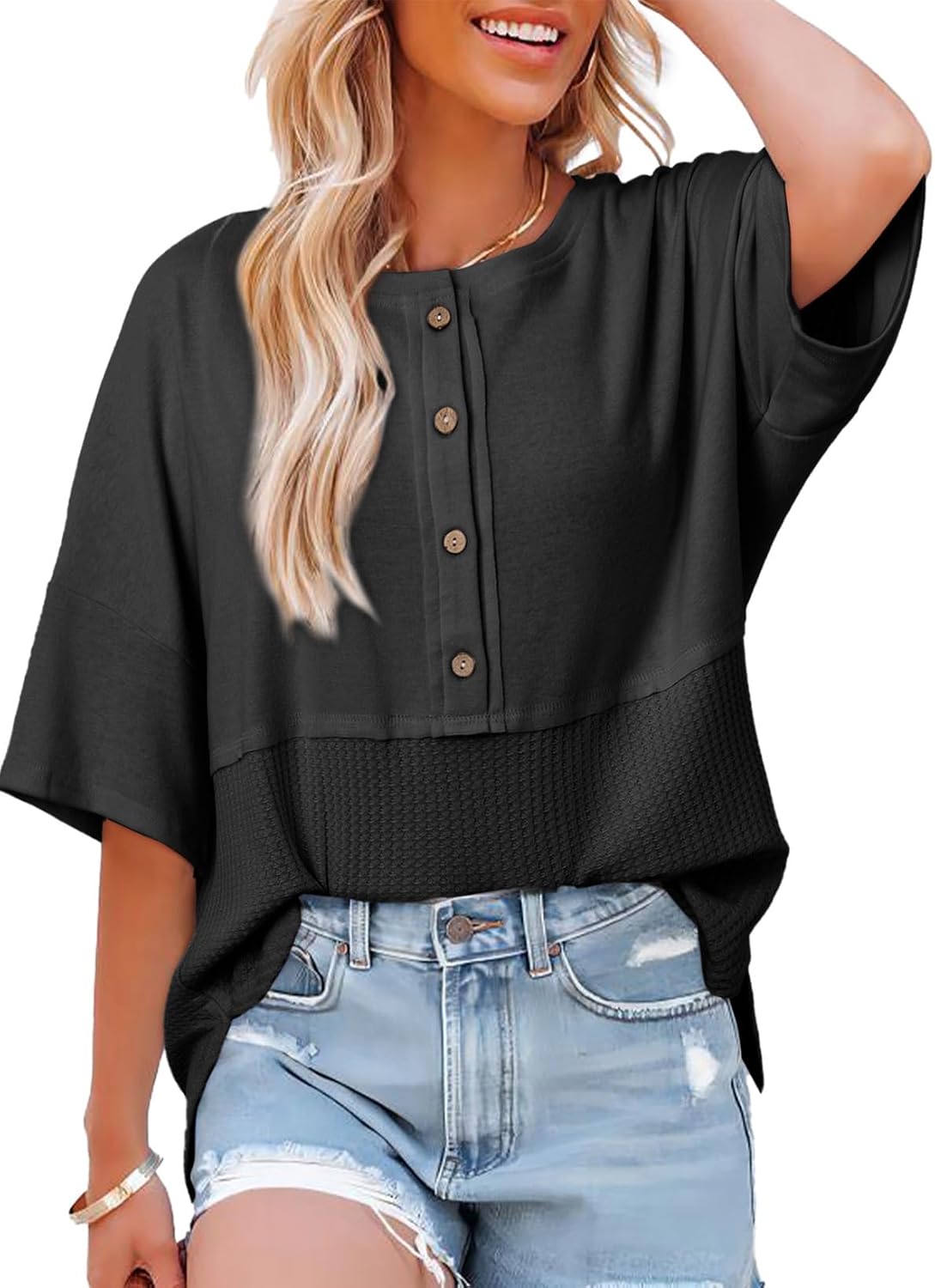 Detalle de Dokotoo Damen-Waffelstrick Bluse mit Patchwork, Oversize Tunikashirt und 3/4-Ärmeln