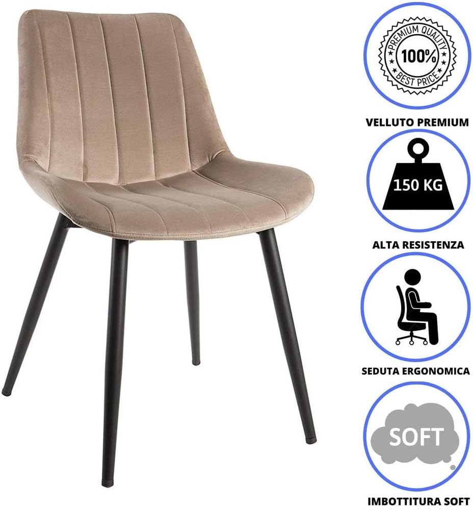 Thumbnail 2 de Sedia in velluto con gambe in metallo nere 51,5 x 58 x 82 cm beige