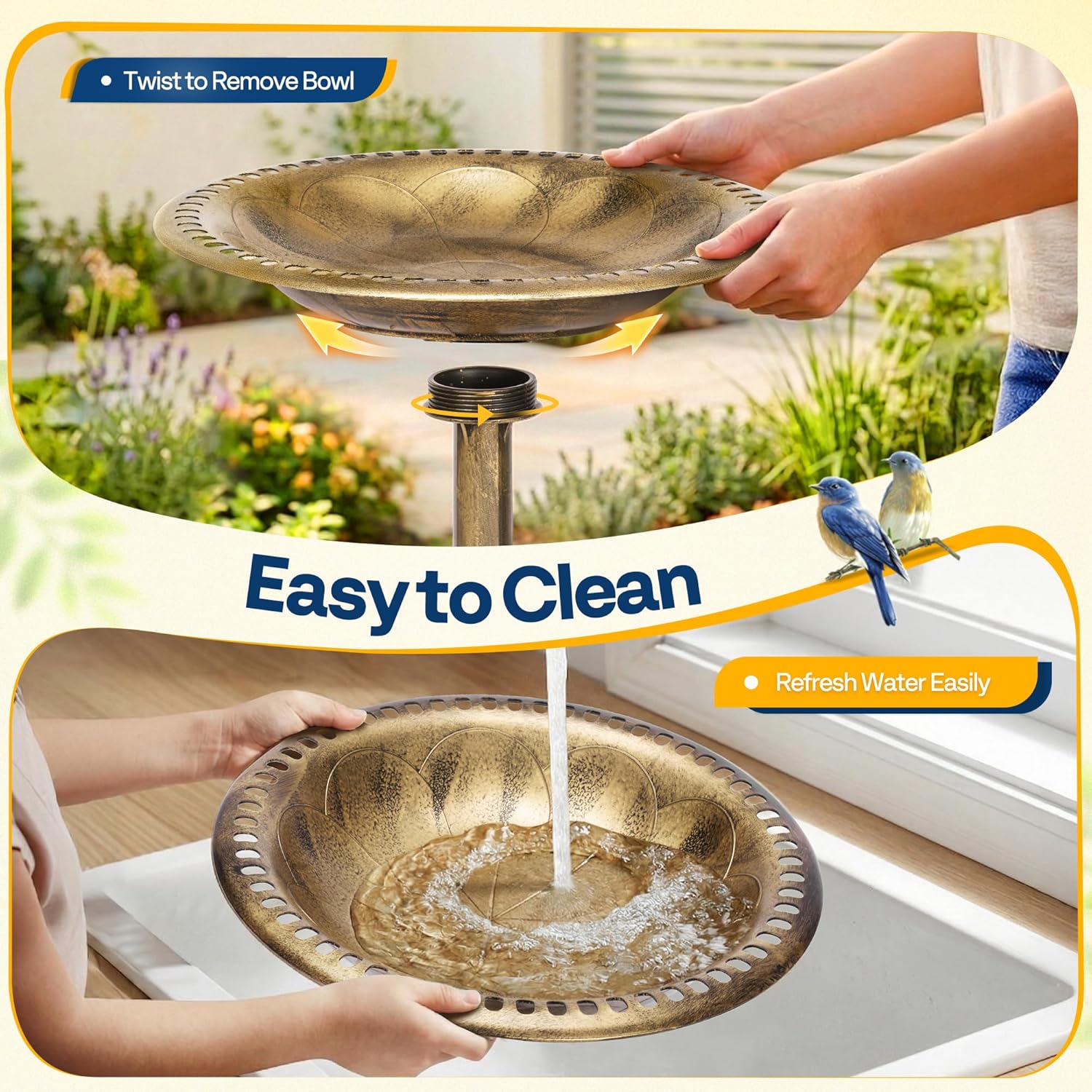 Detalle de VIVOHOME garden birdbath stand with copper-tone polyresin bowl, 71 x 50 x 50cm