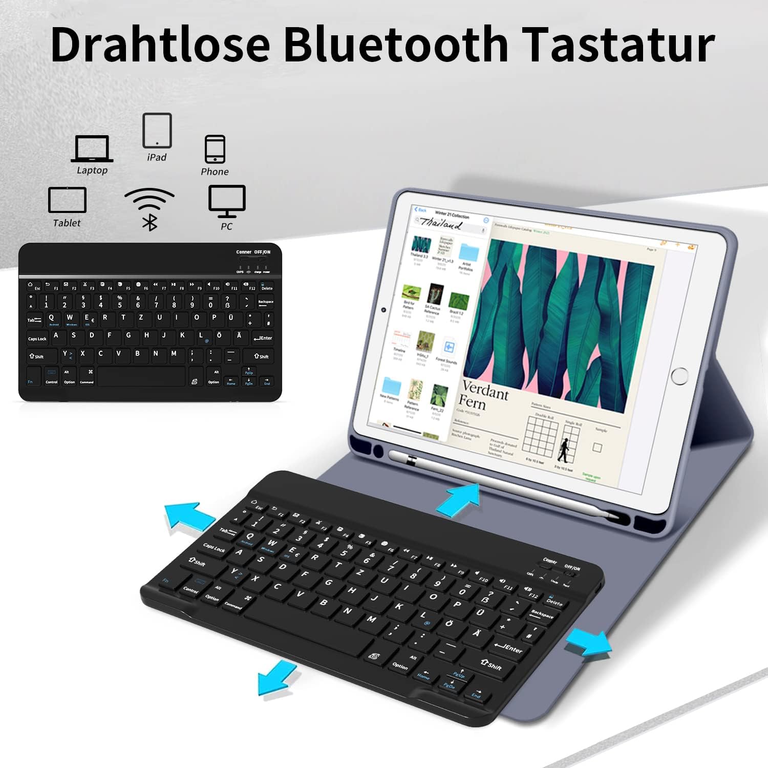 Thumbnail 4 de aoub Hülle mit Tastatur für iPad 9./8./7. Generation 10,2 Zoll – Kabellose QWERTZ Tastaturhülle mit Stifthalter in Violett