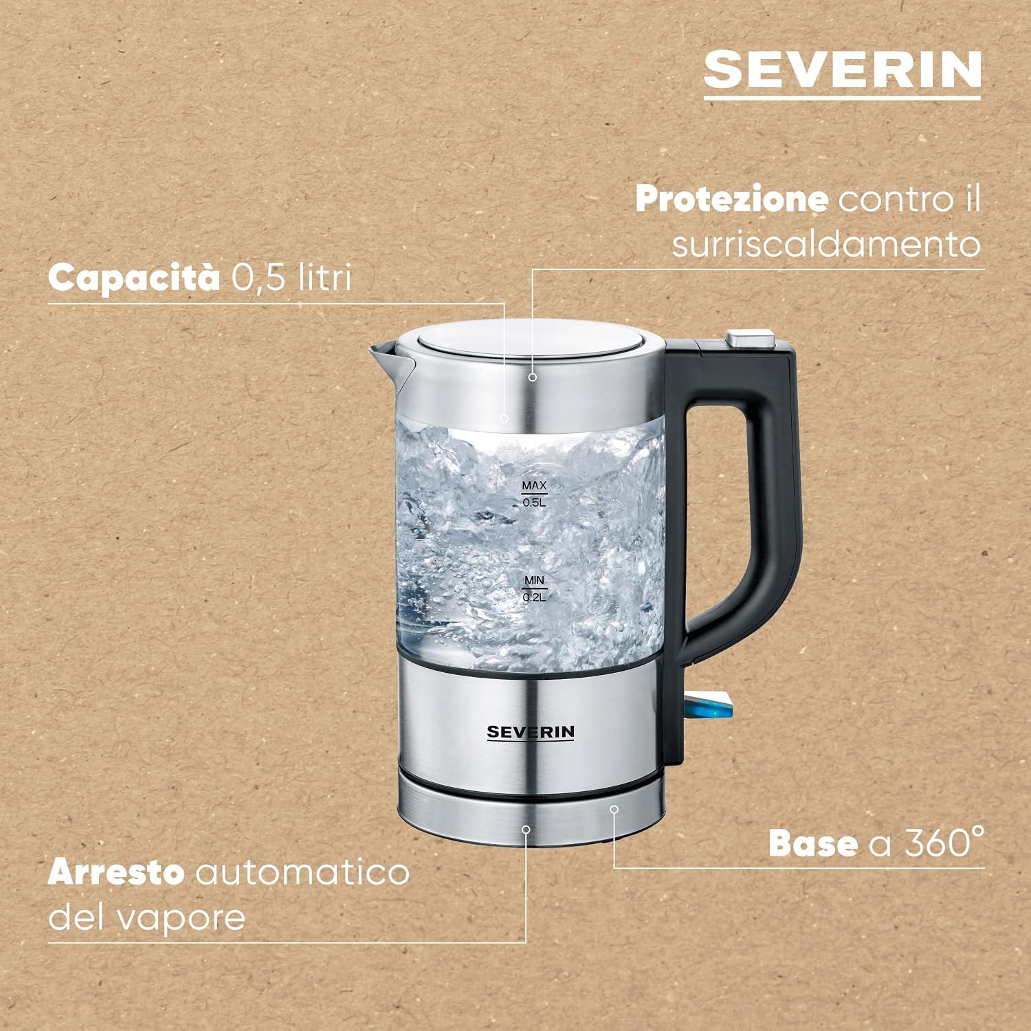 Detalle de SEVERIN Mini Bollitore in Vetro WK 3472 – 0,5 L, 1100W, vetro e acciaio, filtro anticalcare removibile