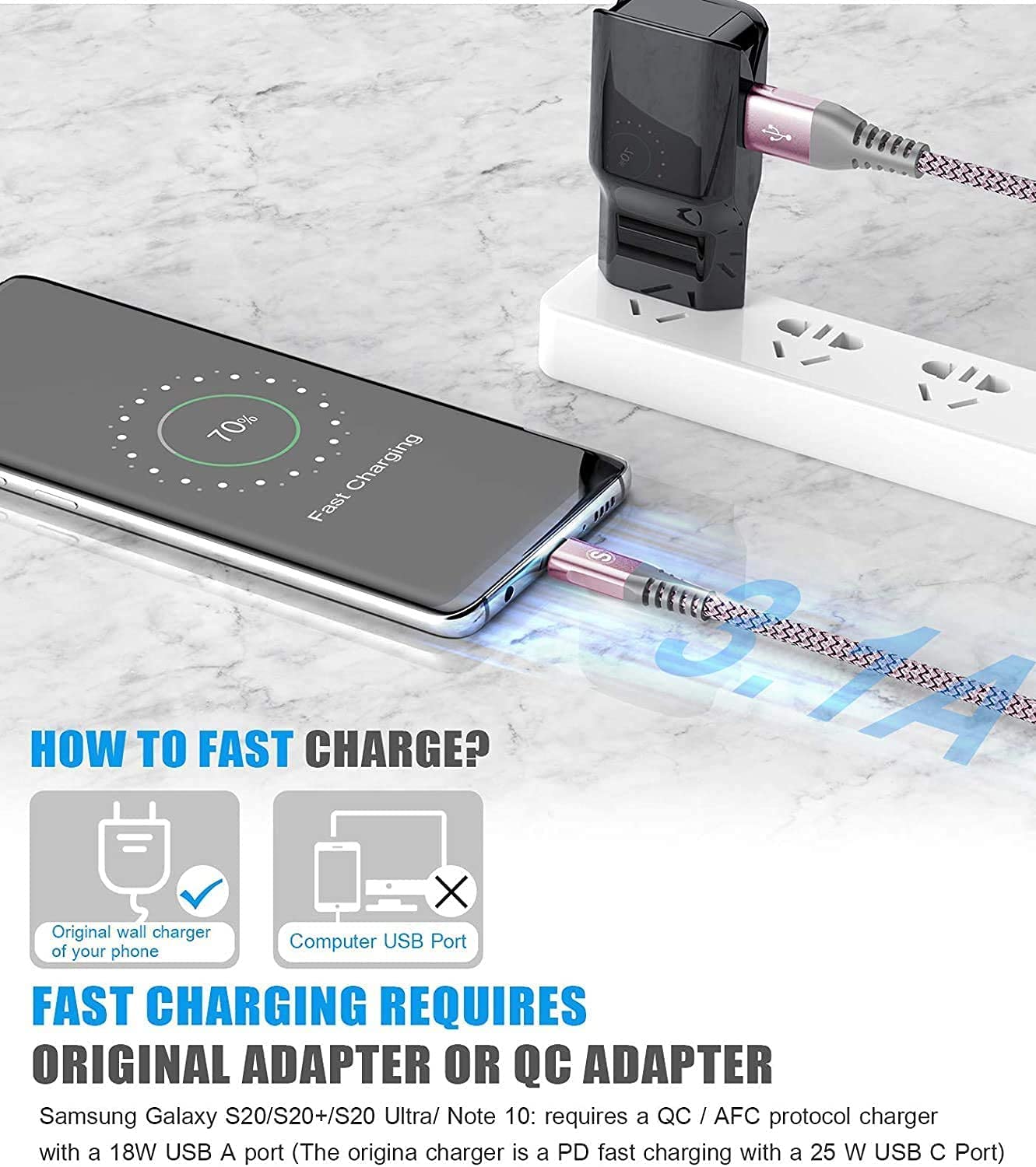 Detalle de sweguard USB-C-kabel, 2 x 1 m, gevlochten nylon, roze