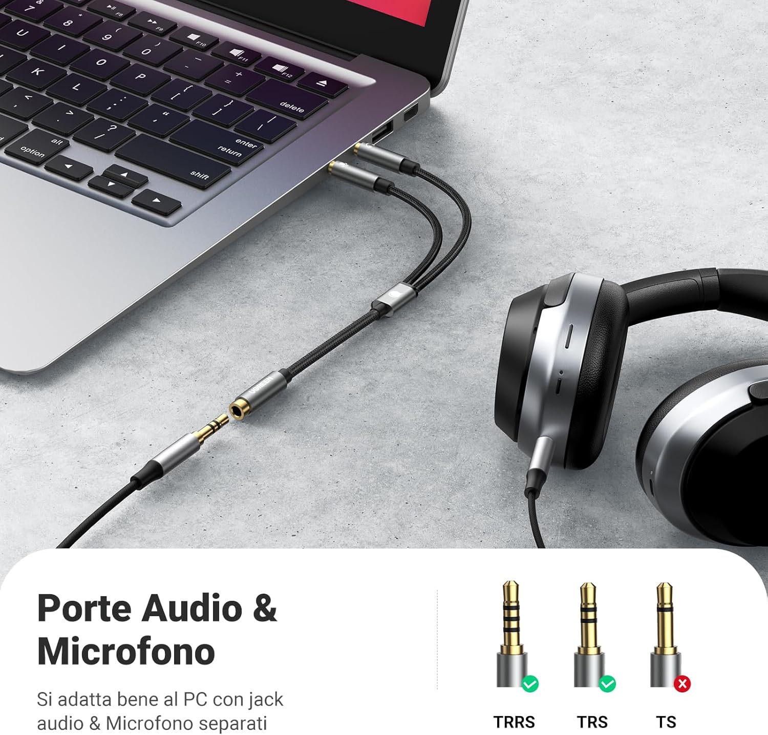 Thumbnail 3 de UGREEN Cavo audio sdoppiatore 3,5 mm 2 in 1 con microfono (Jack maschio a femmina) in alluminio placcato oro 24K, 20 cm