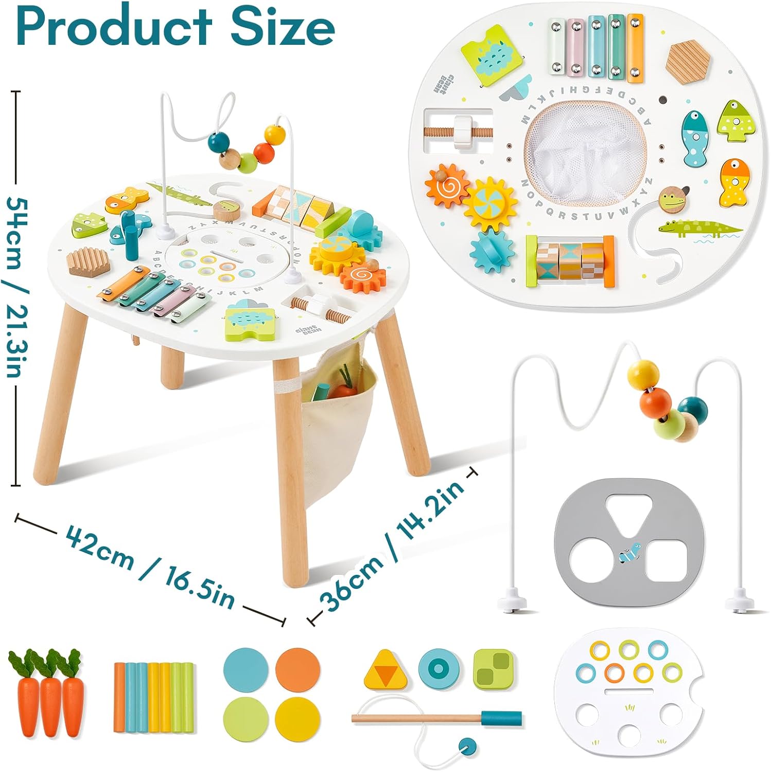 Detalle de Giant bean Holz Aktivitätstisch für Kinder 1+ – 11-in-1 Lerntisch mit Motorik-Spielen