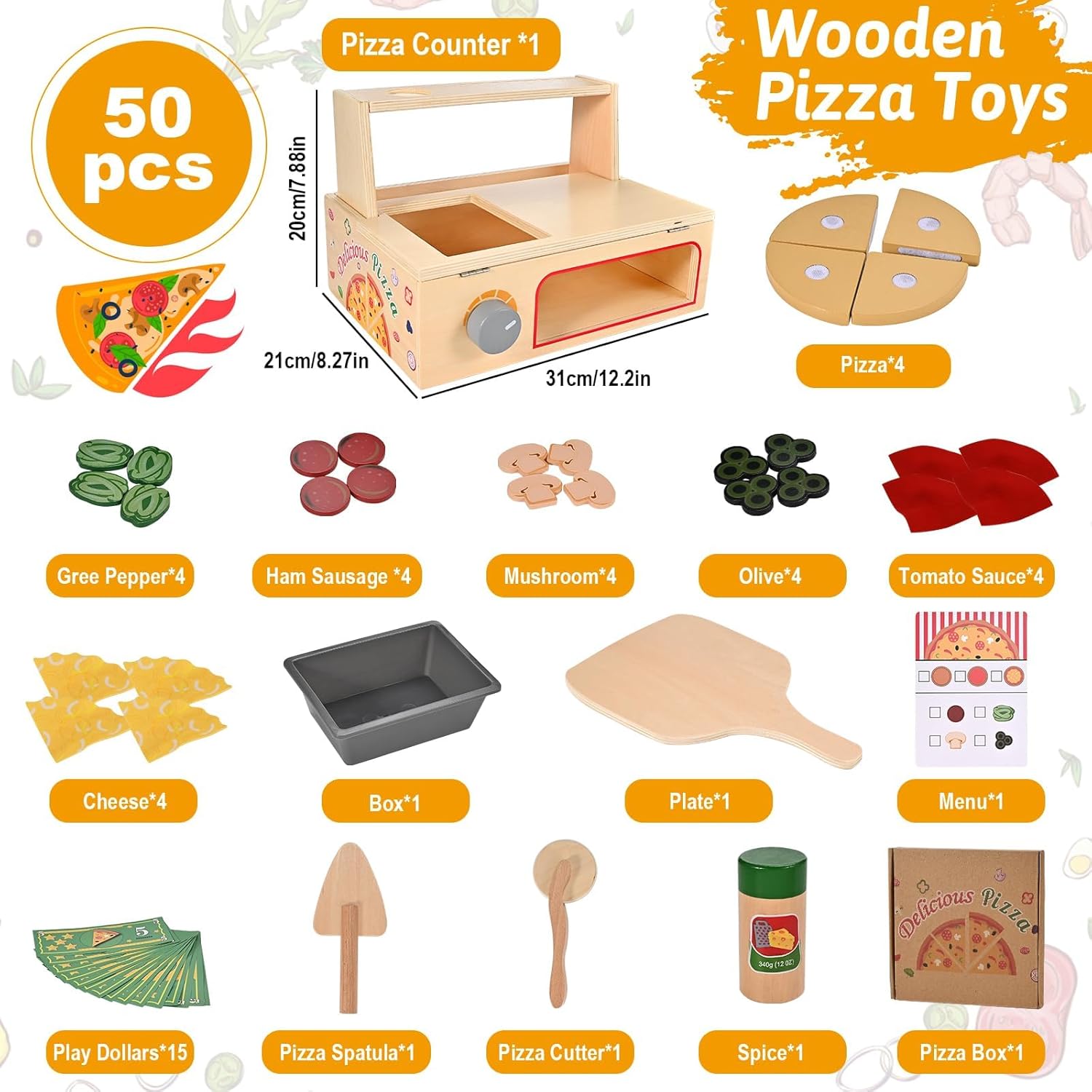 Thumbnail 1 de Wooderma 50-Piece Wooden Pizza Toy Set for Role Play, 3–7 Years