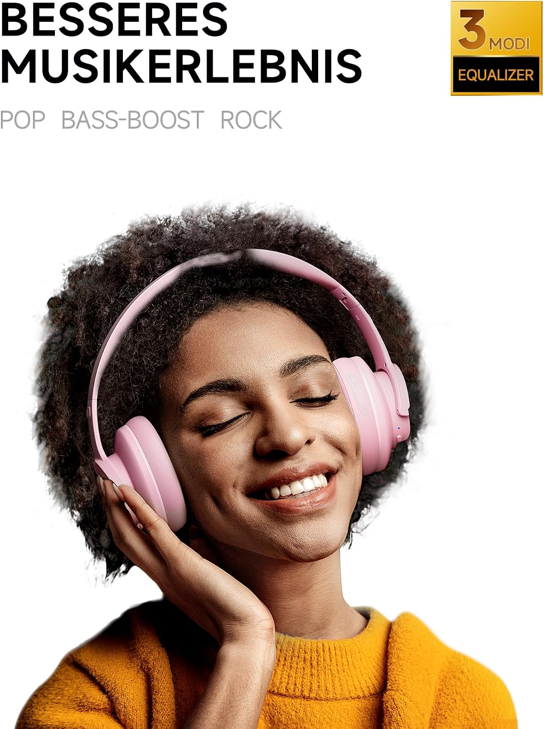 Detalle 2 de Picun B8 Bluetooth-Kopfhörer kabellos (On-Ear/Over-Ear), 3 EQ-Modi, Freisprechen und bis zu 120 Stunden Akku – Rosa
