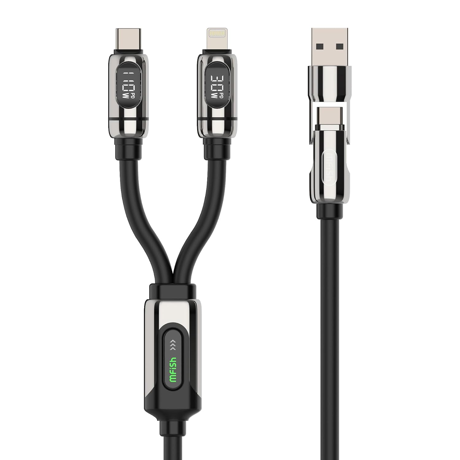 Detalle de MFish 4-in-1 Multi Charging Cable: 140W USB-C/USB-A to USB-C & Lightning with LED Display (5ft, Black)