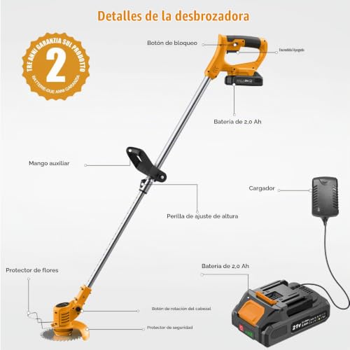 Detalle de JYGMPRO Desbrozadora a batería 21V con 2 baterías y cabezal giratorio: versátil y fácil de usar
