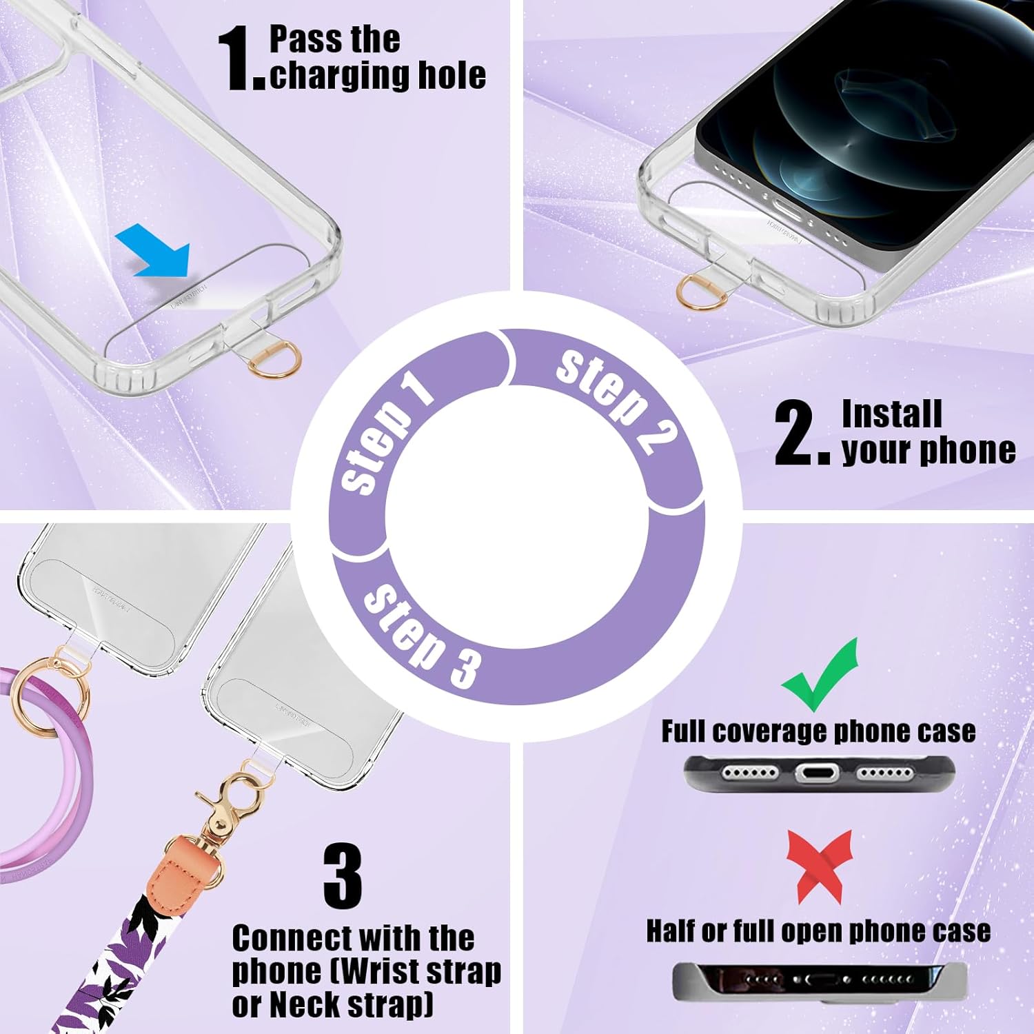 Detalle de UKON Phone Lanyard, Crossbody Strap and Silicone Wrist Strap for iPhone — Adjustable, 2 Patches, 7 Colours