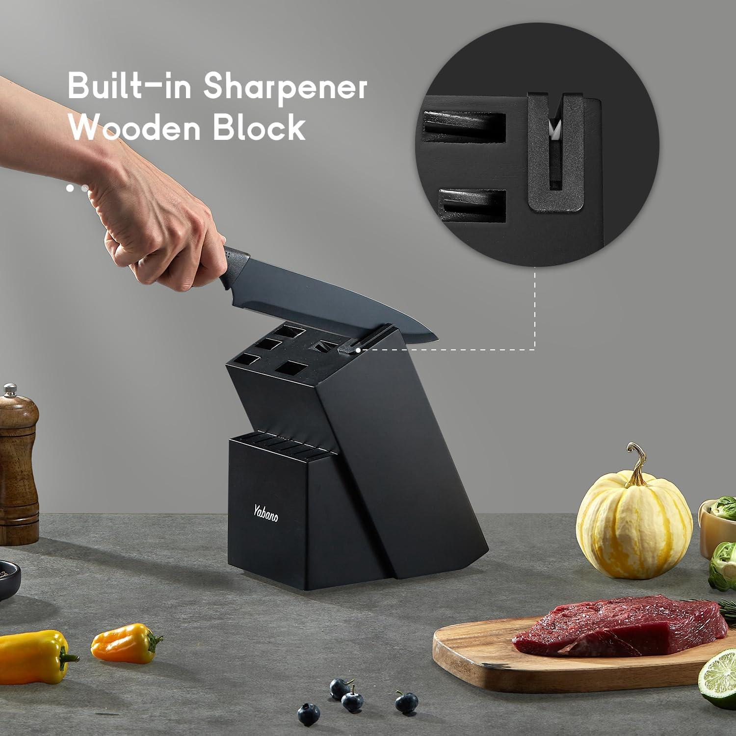 Detalle 2 de Yabano 14-Piece Kitchen Knife Set with Integrated Sharpener Block, Black