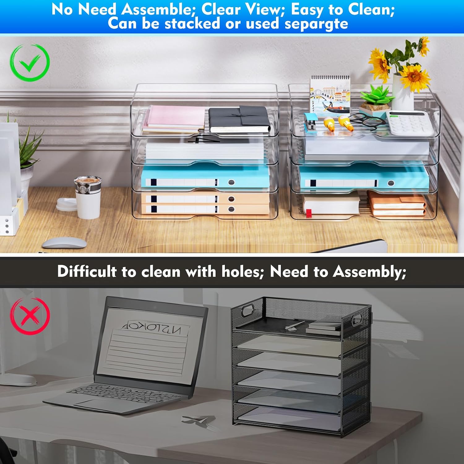Detalle de Vivihomety 2409-4P Acrylic Letter Tray Set, 4-Pack, Clear and Stackable