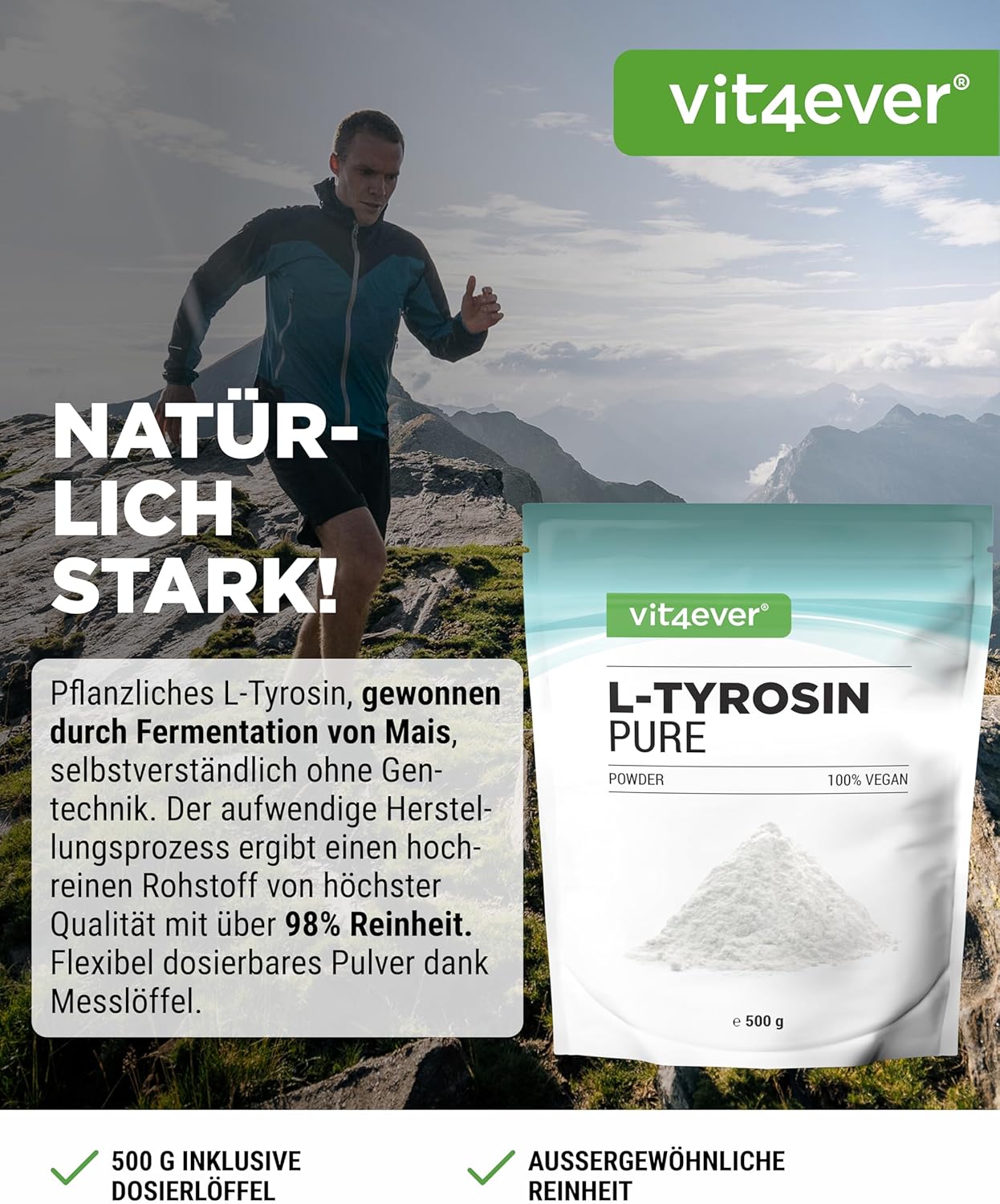 Detalle 2 de vit4ever L-Tyrosin Pulver 500 g – 333 Portionen, vegan, ohne Zusatzstoffe