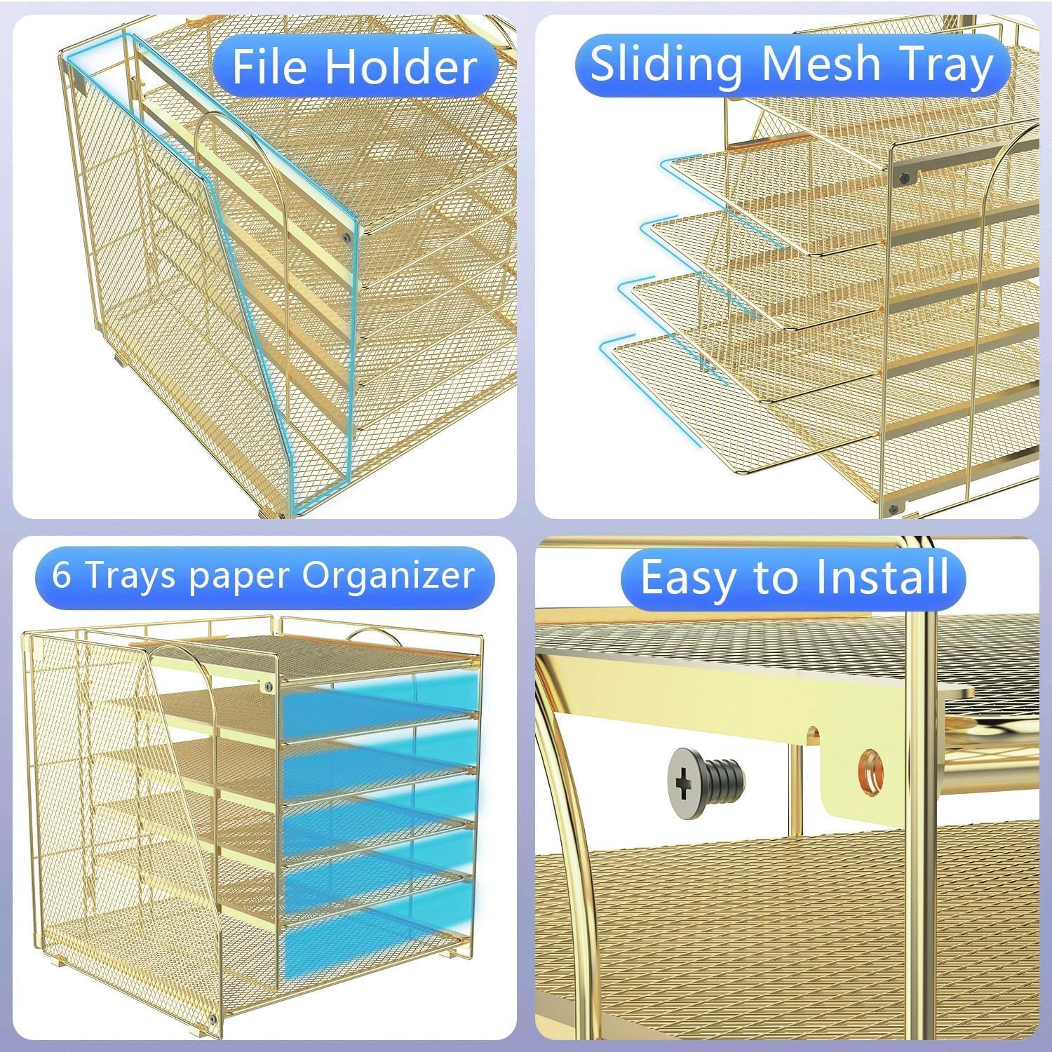 Detalle 2 de gianotter 6T 6-Tier Paper Organizer with Magazine Holder, Gold Metal