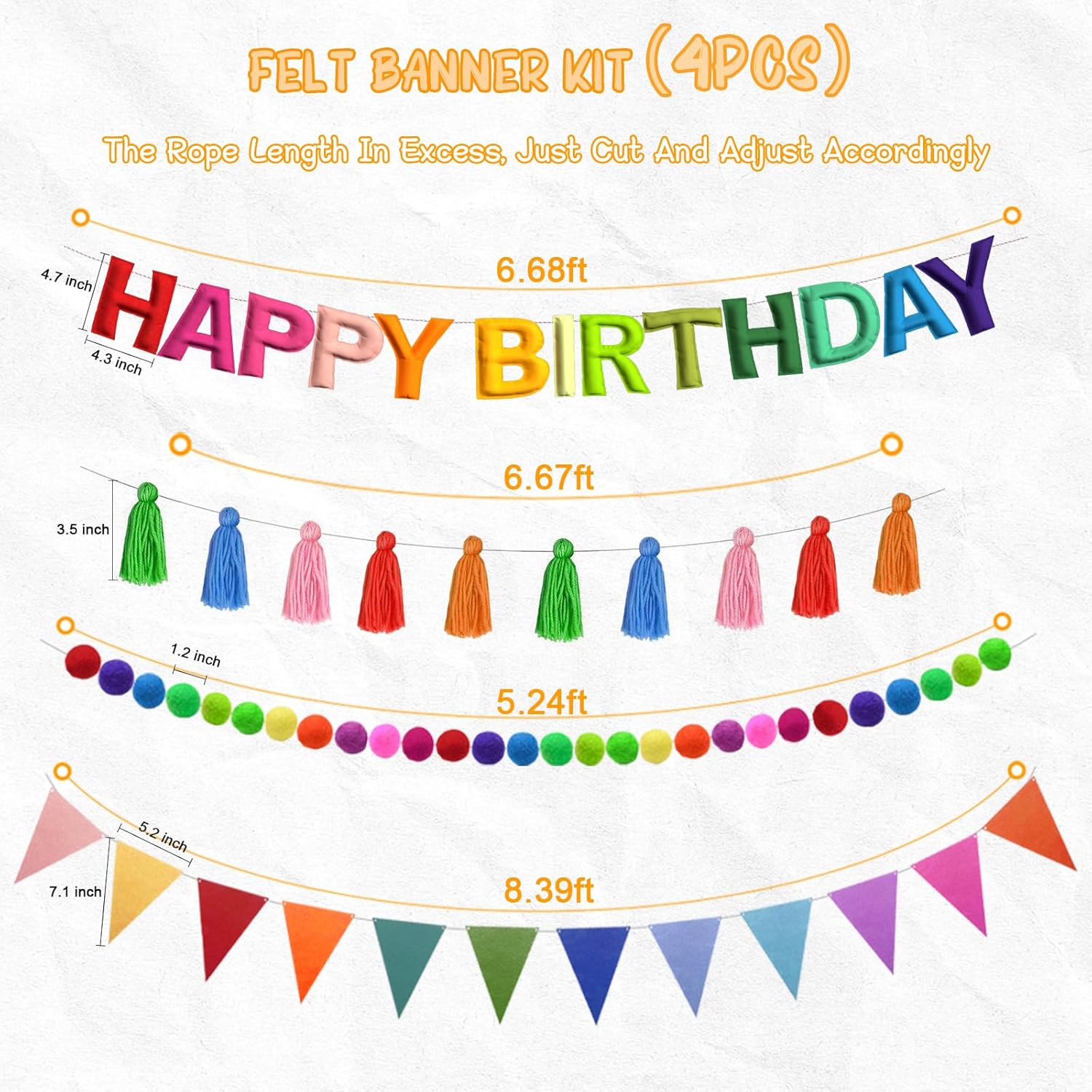 Thumbnail 3 de 4PCS Pre-Strung Happy Birthday Banner Kit – Felt Rainbow Party Decorations