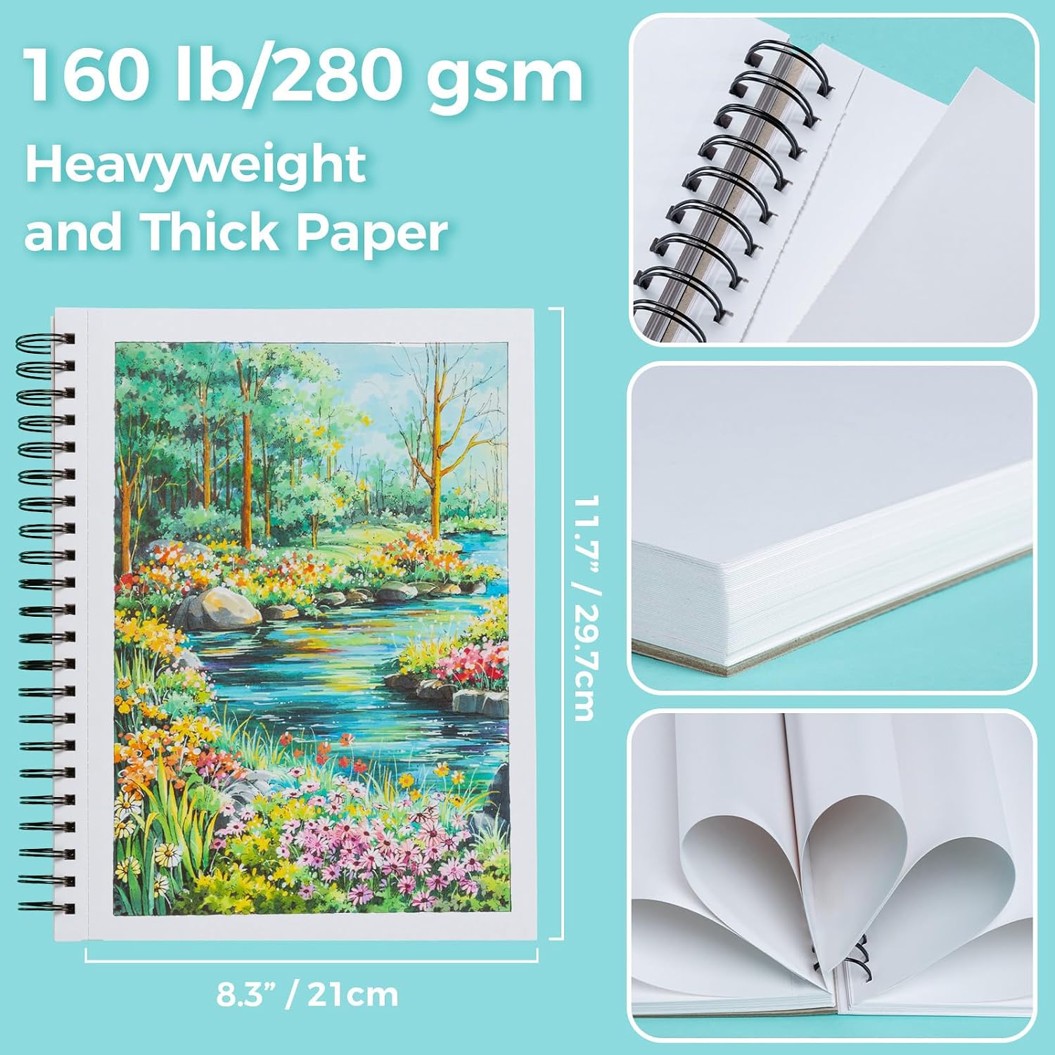 Detalle de Ohuhu A4 Bleedproof Sketchbook (280GSM), Double-Sided Marker Pad, 50 Sheets (100 Pages) – Spiral Bound