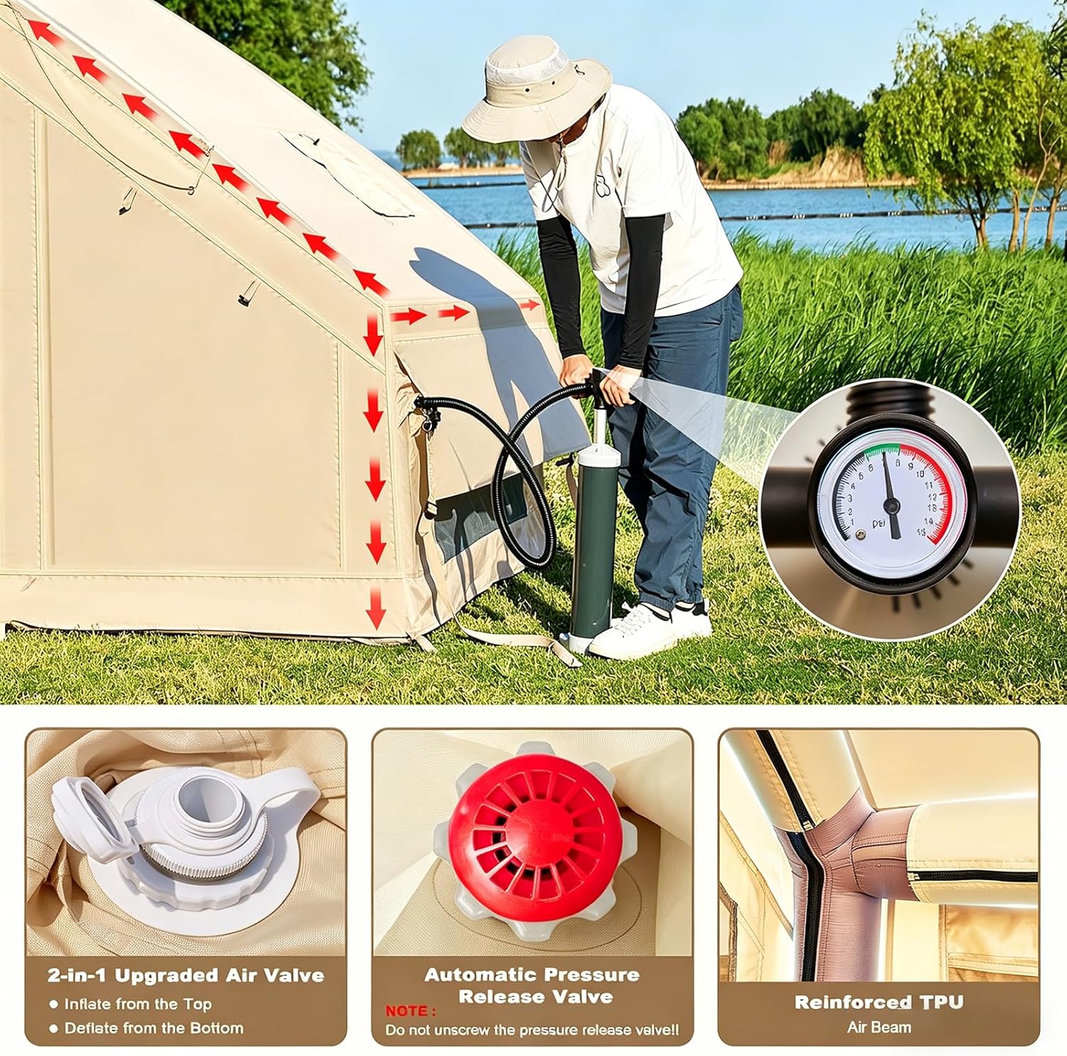 Detalle de Inflatable Camping Tent with Hand Pump: 4–6 Person Blow-Up Tent with Stove Jack