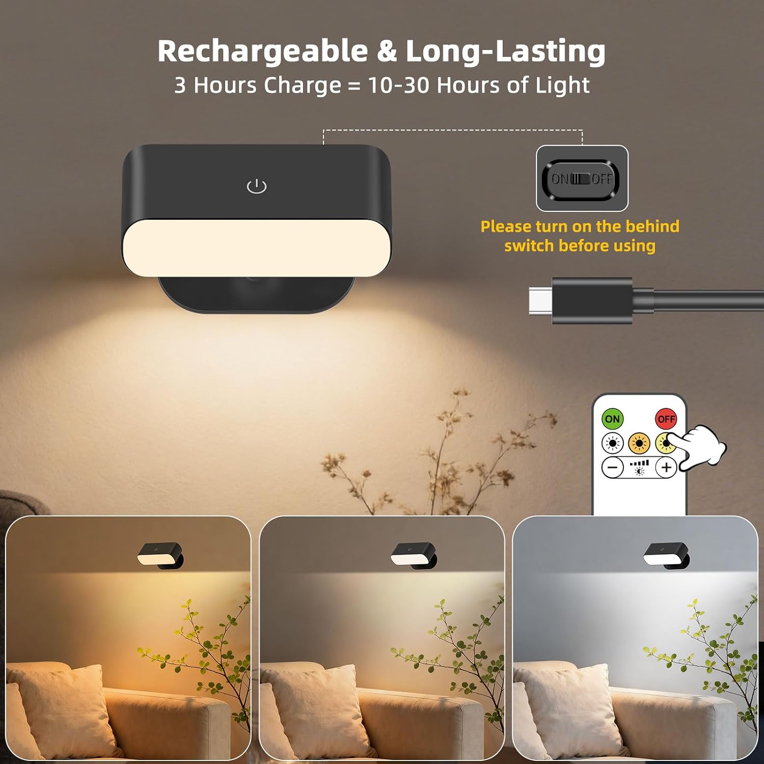 Detalle 2 de Alinana LED Akku Wandleuchte Innen – 2er Pack, kabellos, Touch- und Fernbedienung, 3 Farben dimmbar und 360° drehbar