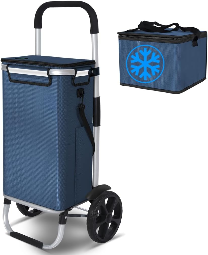 Detalle de VOUNOT Einkaufstrolley Klappbar aus Aluminium – 58L, wasserdichte Tasche mit Kühlfach, Treppensteiger, Marineblau