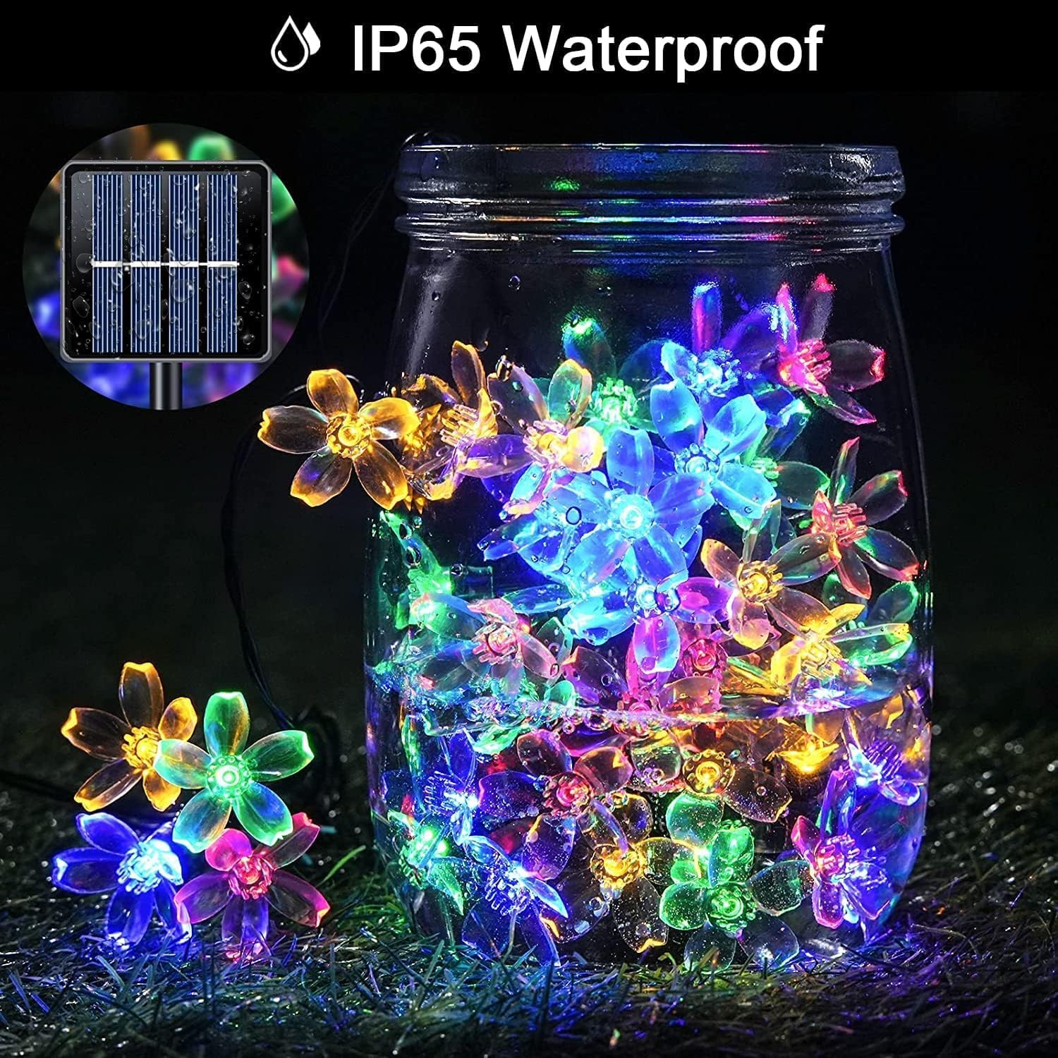 Detalle de Qedertek Solar-Lichterkette außen 7 m mit 50 bunten Blüten-LEDs (IP65, 8 Modi, 800 mAh)