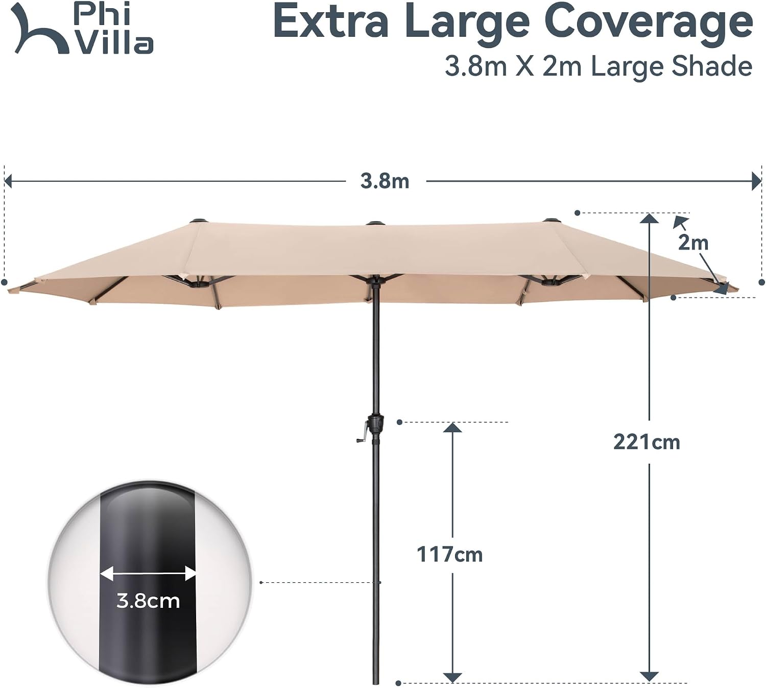 Thumbnail 2 de PHI VILLA 2×3.8m double-sided garden parasol with crank lift for patio sun protection