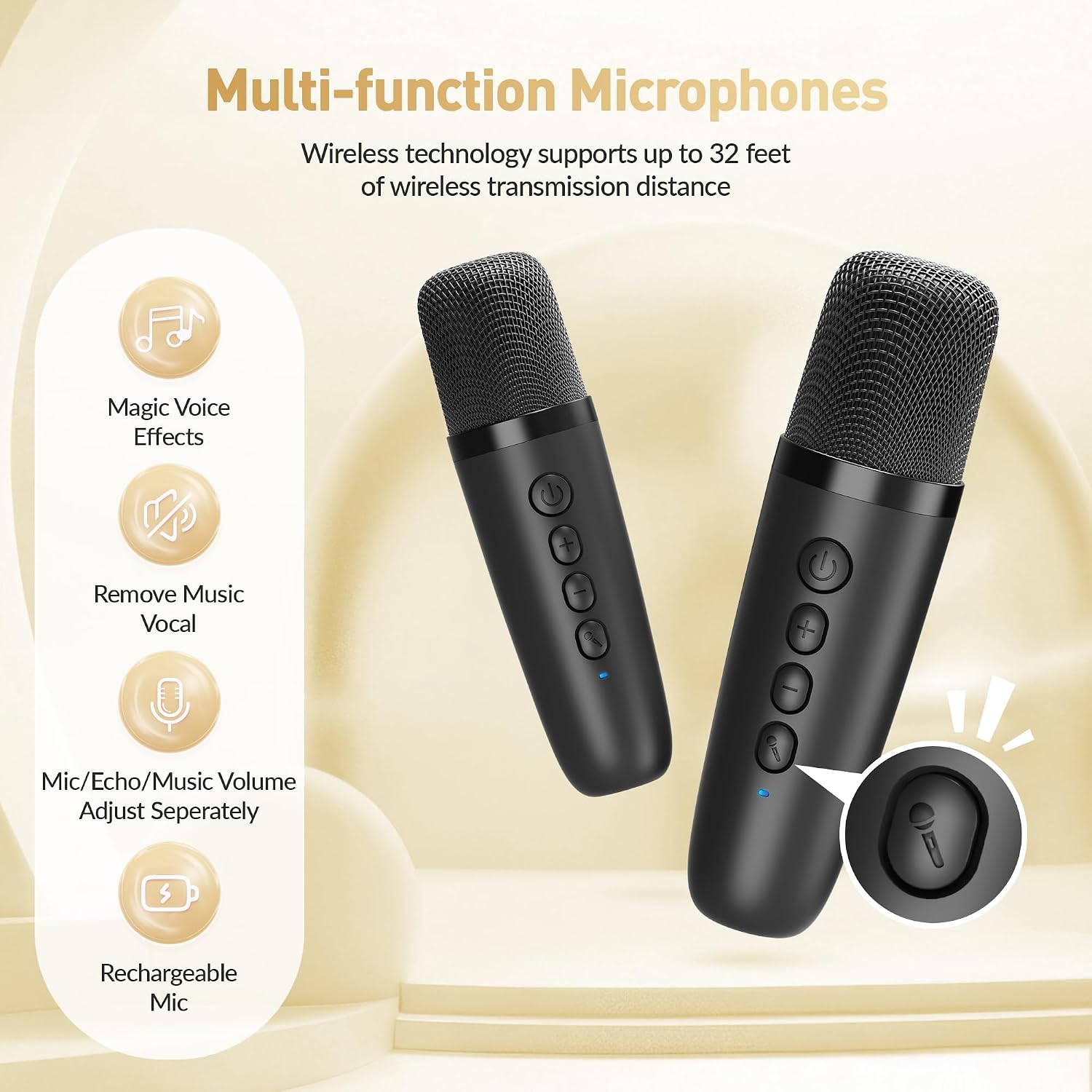 Detalle 2 de BEILIHART Mini Karaoke Machine: Portable Bluetooth Speaker with 2 Wireless Mics, Party Lights