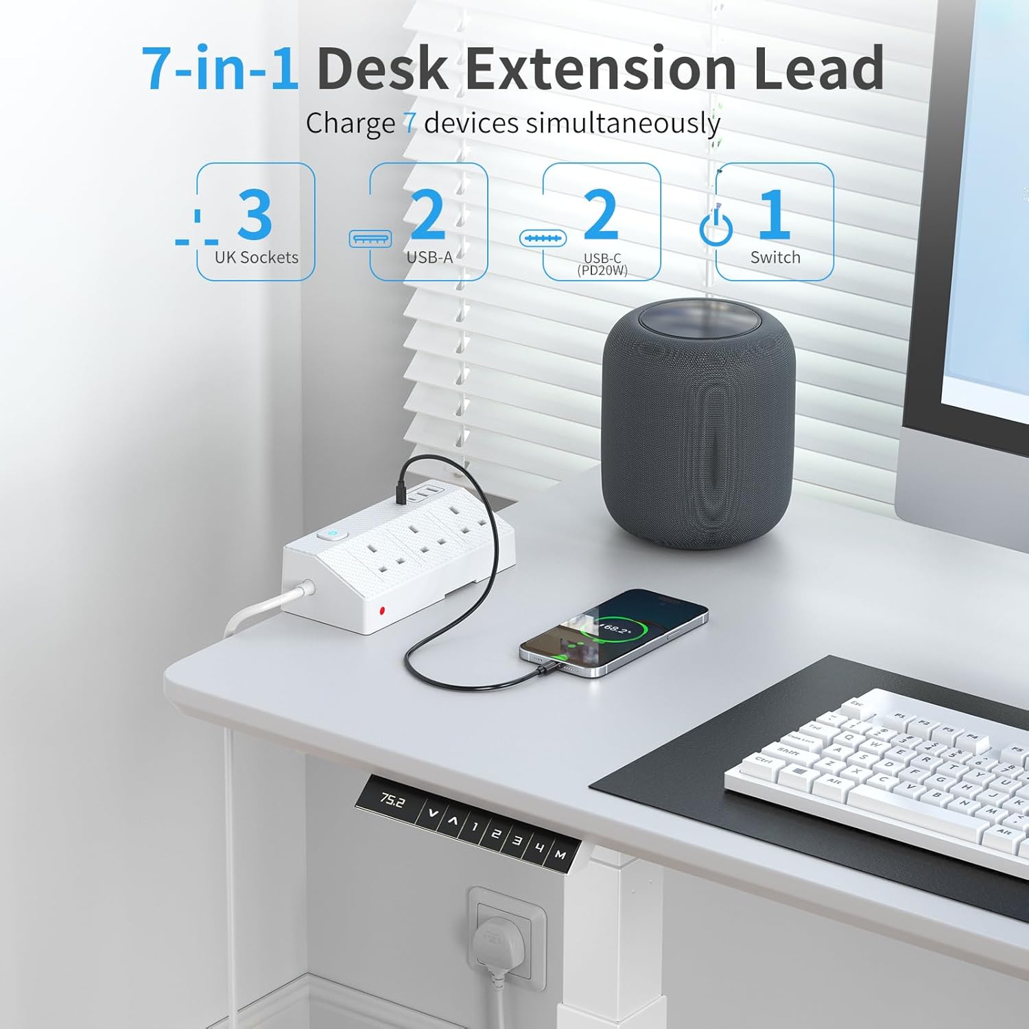 Thumbnail 2 de HAFINO PD 20W Desk Power Socket with USB-C slots and USB-A ports (7-in-1), 2m extension lead with clamp, White