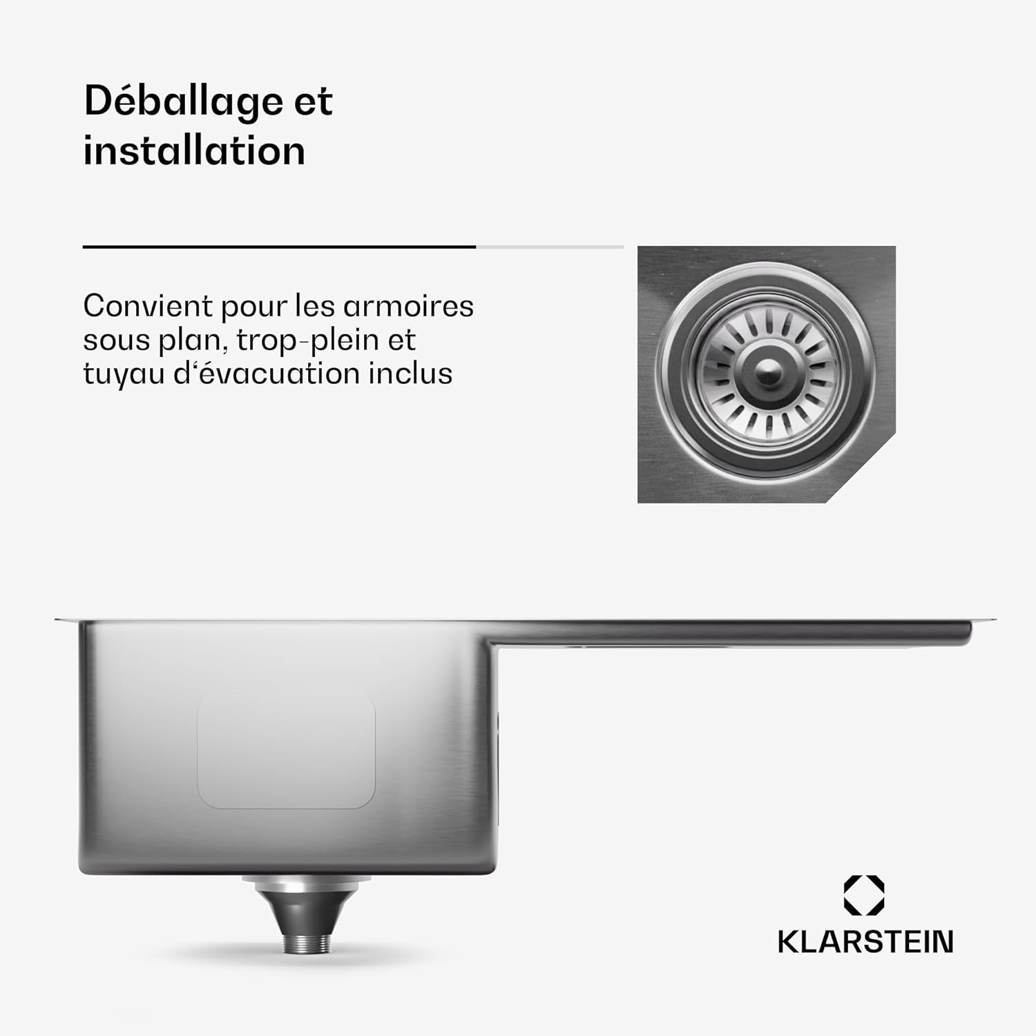 Thumbnail 6 de Klarstein évier de cuisine 1 bac avec égouttoir en acier inox 304 – 79x44 cm, design élégant et pratique