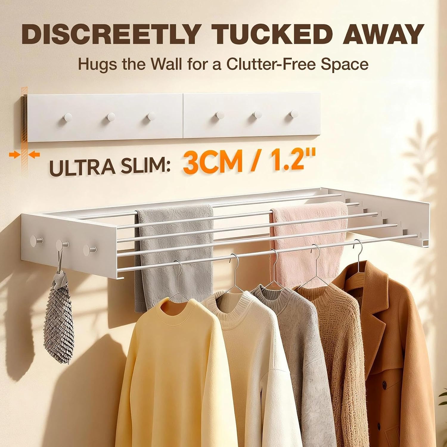 Thumbnail 2 de ZCOINS Foldable Wall Mounted Drying Rack — Space-Saving 5 x 80 cm Bars with 6 Hooks, Heavy-Duty 25 kg Capacity