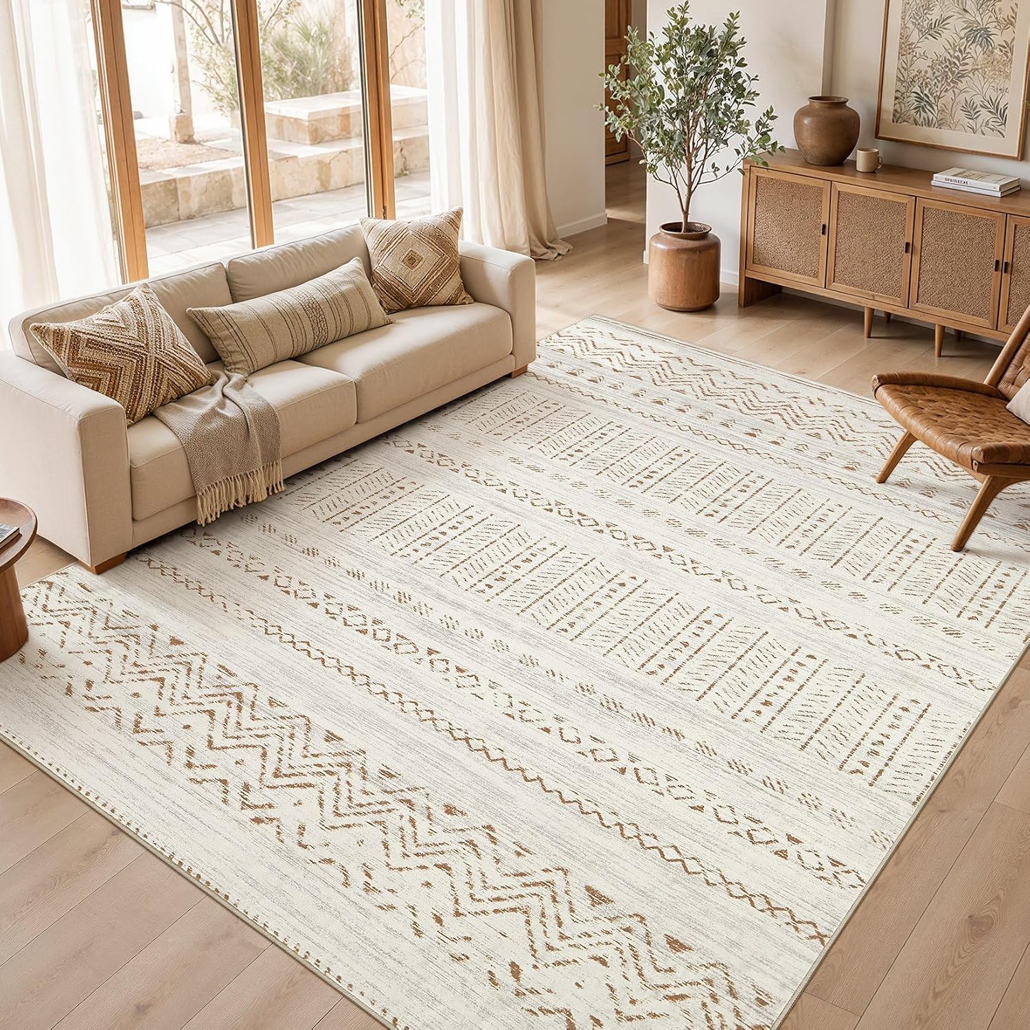 Detalle de cotiled Y24006A Boho Area Rug, 10' x 14', Washable Brown/Cream