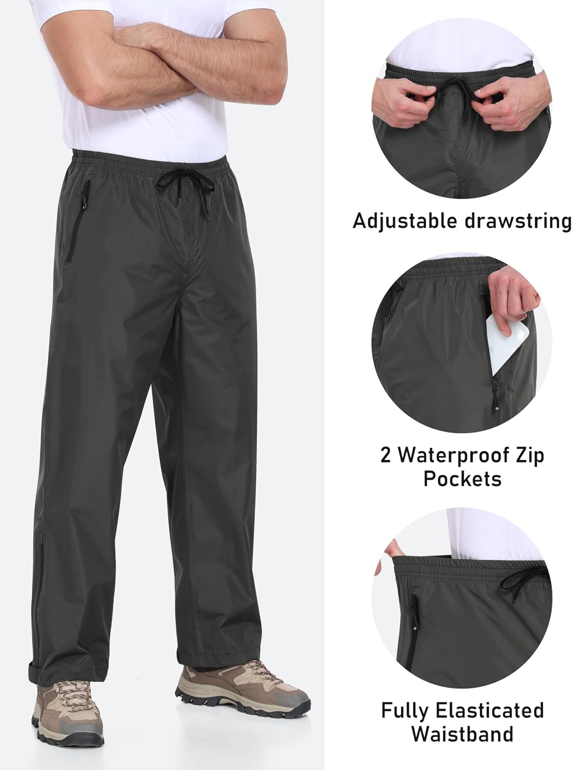 Detalle de Pantalon de pluie homme MoFiz léger imperméable et respirant, coupe-vent pliable avec poches zippées