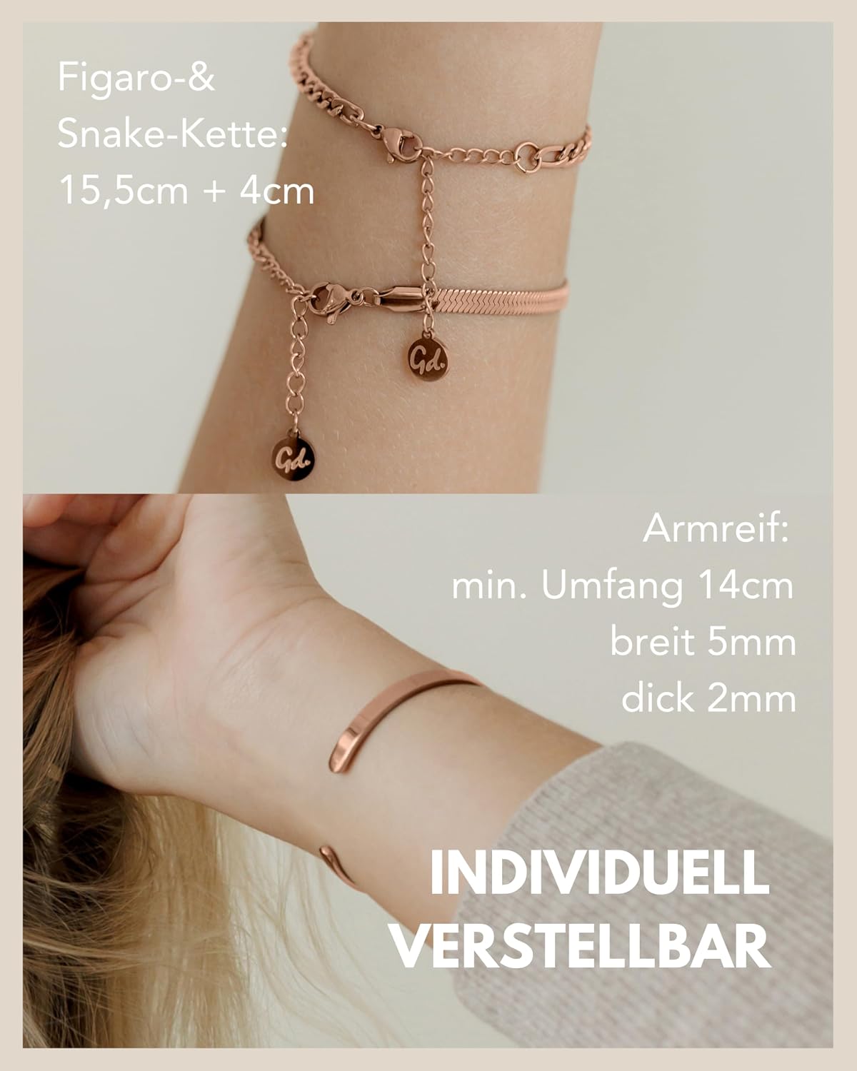 Thumbnail 4 de GD GOOD.designs Armband-Set (3-teilig) aus 316L-Edelstahl – wasserfest, größenverstellbar, in Silber oder Roségold (inkl. Armreif)