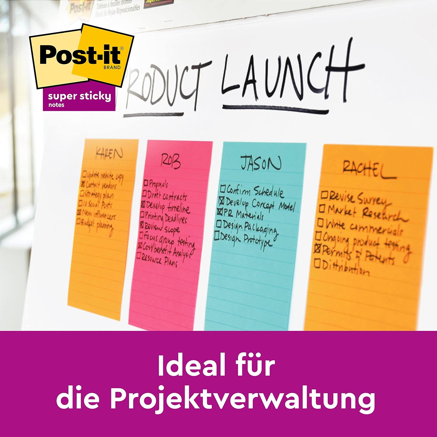Detalle 2 de Post-it Super Sticky Meeting Notes – Pack mit 4 Blöcken, 45 Blatt/Block, 203 x 152 mm, Farben Grün, Pink, Gelb, Orange