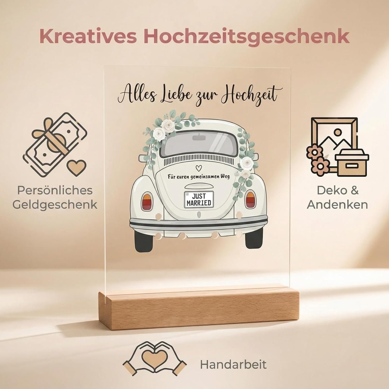 Thumbnail 6 de Kreatives Geldgeschenk Hochzeit – Acryl-Aufsteller mit Holzsockel, Vintage Auto Motiv