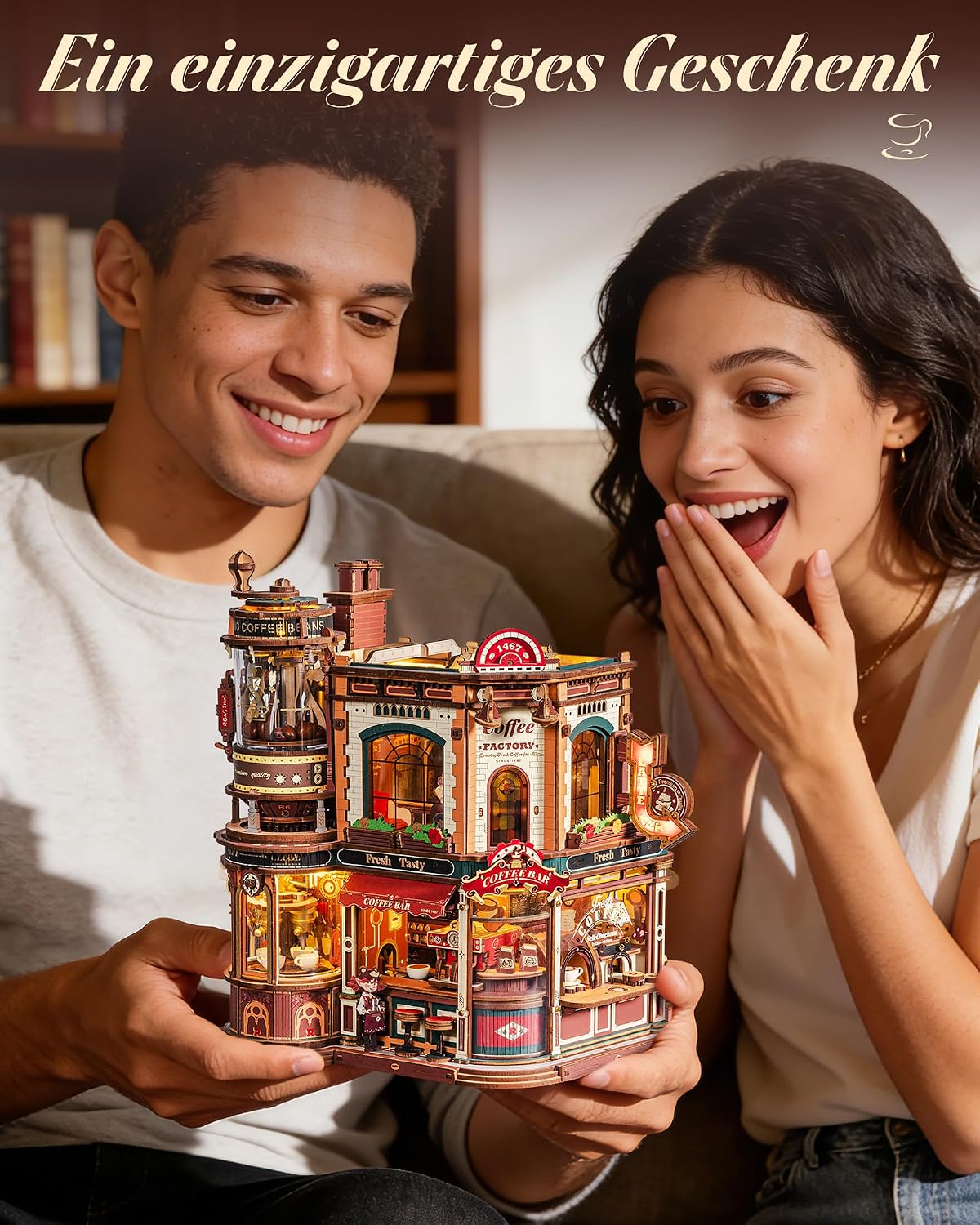 Detalle de ROKR Dream Coffee Factory EAB02 – DIY Miniatur-Puppenhaus mit Spieluhr, LED-Beleuchtung und Jazzmusik