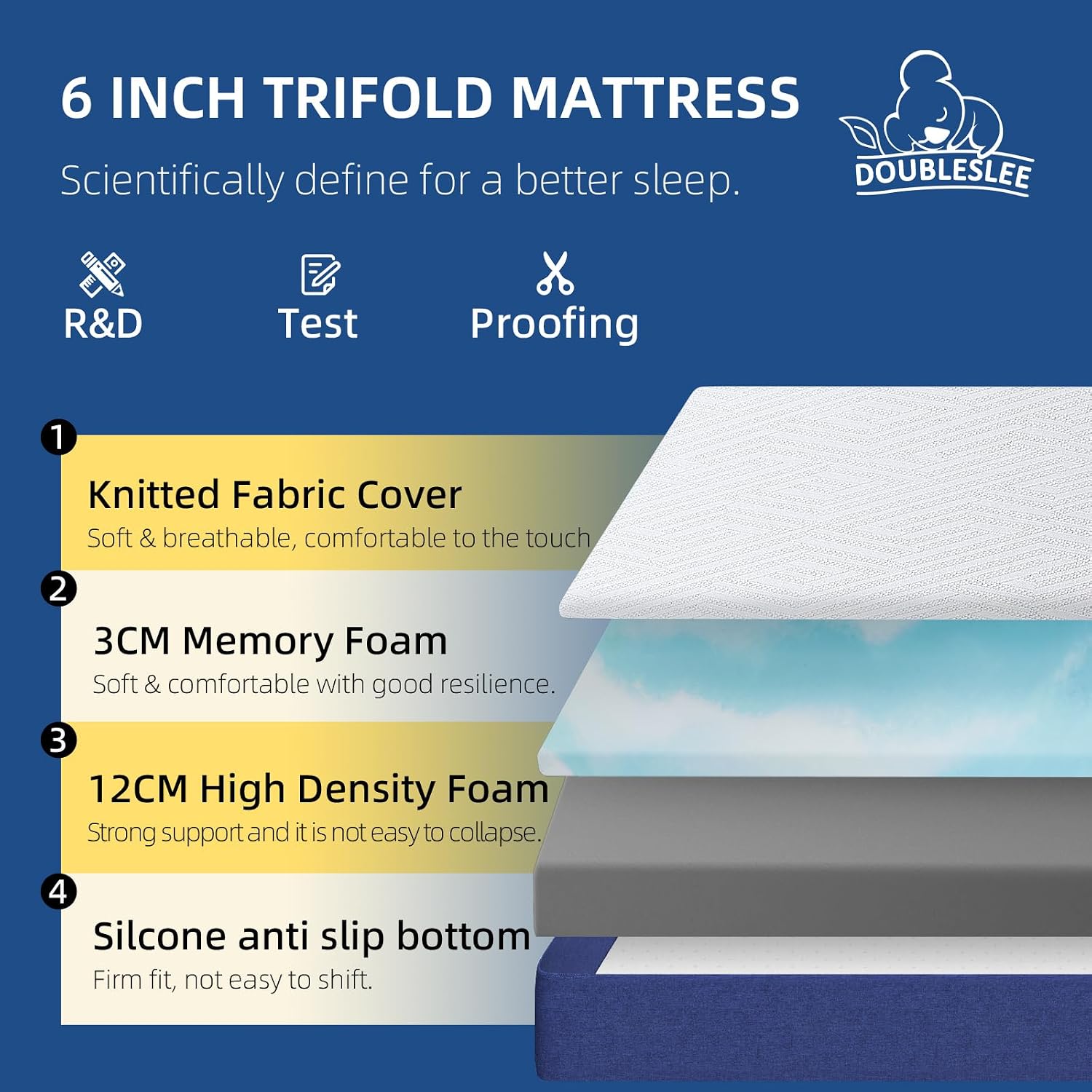 Thumbnail 3 de Doubleslee Foldable Memory Foam Double Mattress 4ft6 (135x190x15cm)