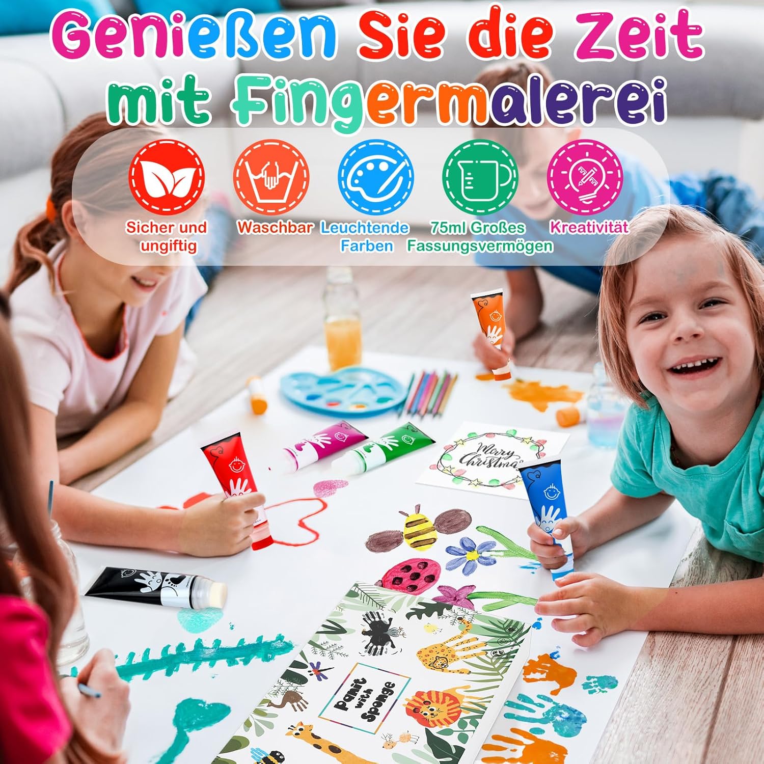 Thumbnail 4 de TOGOU2S Kinder-Fingerfarben (ungiftig) mit Schwammkopf, 8 Farben, waschbar – Fingerabdruck- & Malset