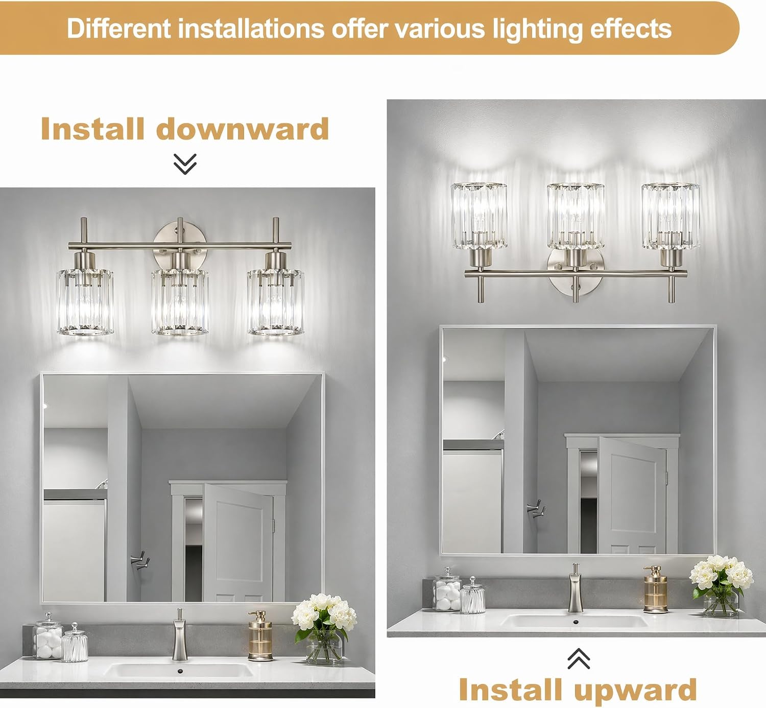 Detalle de Dvnctz DC20260411AA 3-Light Vanity Light, Brushed Nickel with Crystal Shades