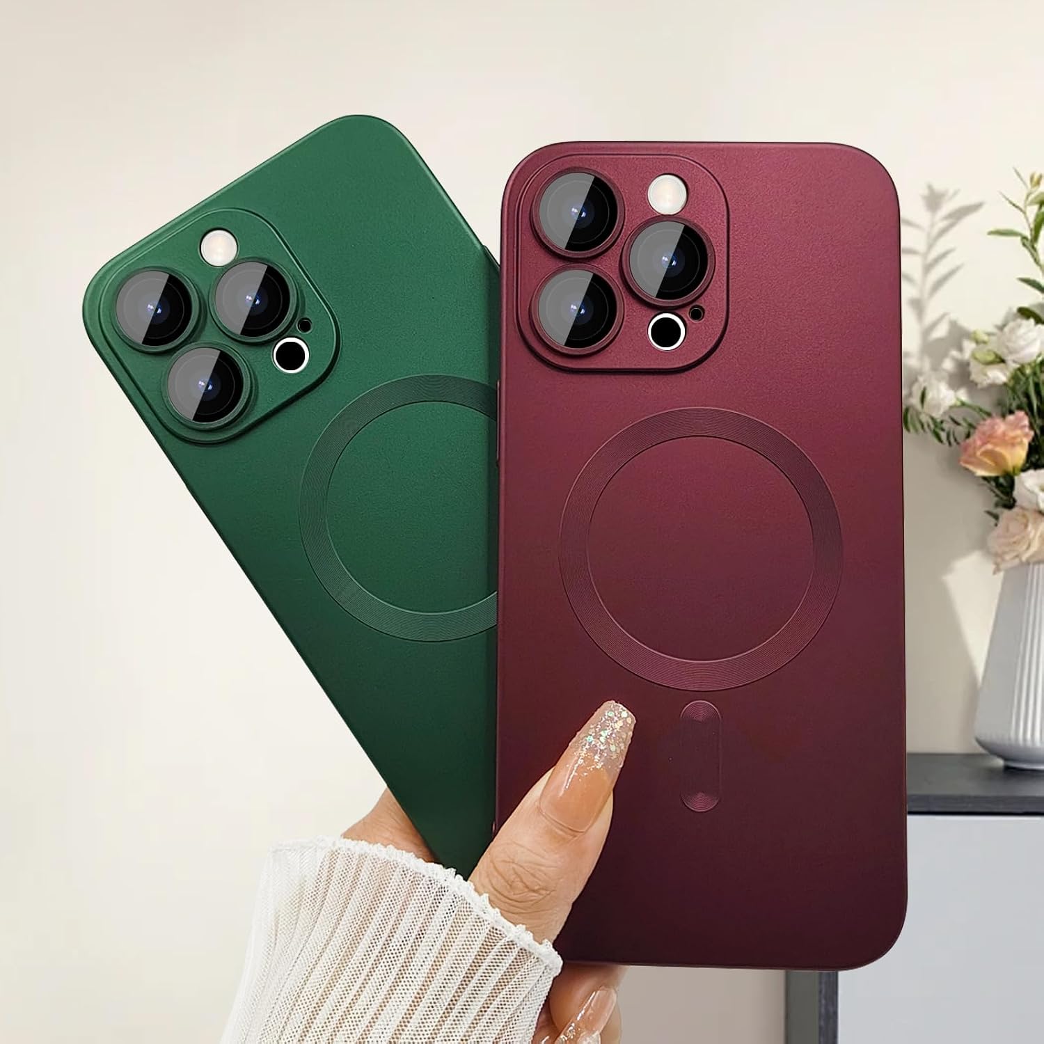 Detalle de ankofave Magnetic Case for iPhone 15 Pro (Red Wine) — Matte Luxury Shield with Camera Lens Protector